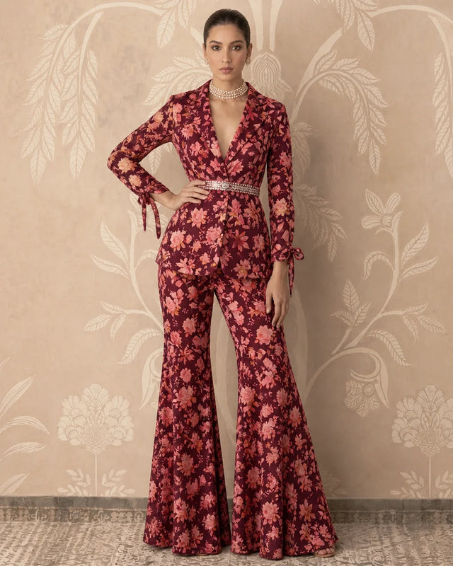 Burgundy Floral Print Blazer Pants Set - view 1