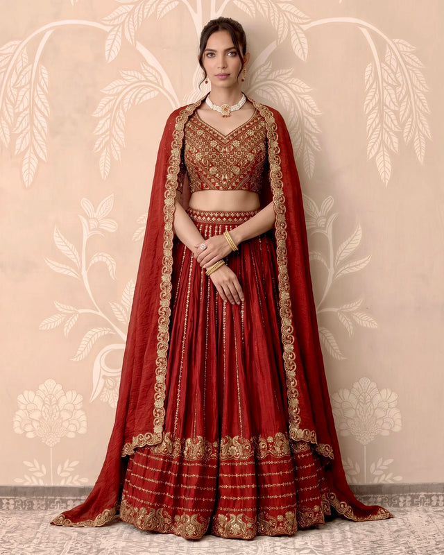 Burnt Umber Chinnon Zari Pleated Lehenga Set - view 1