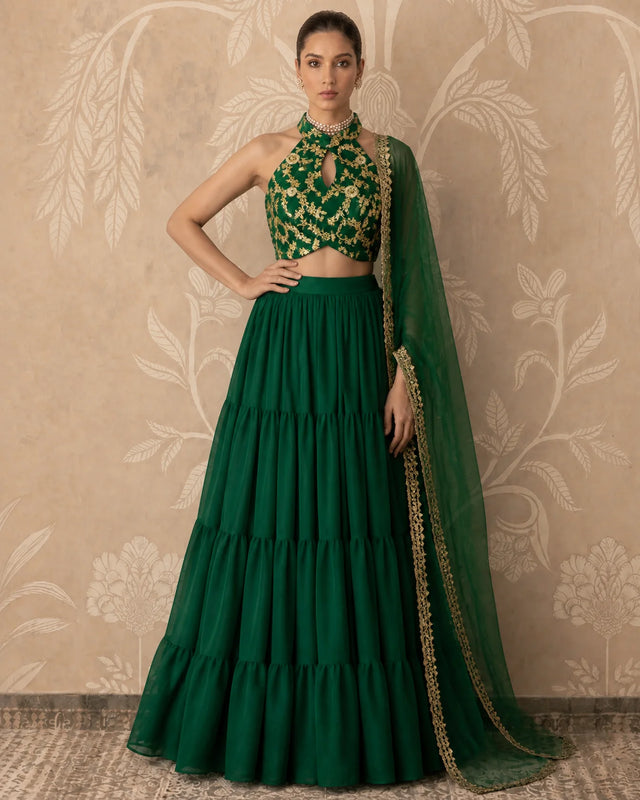 Emerald Green Zari Tiered Lehenga Set - view 1