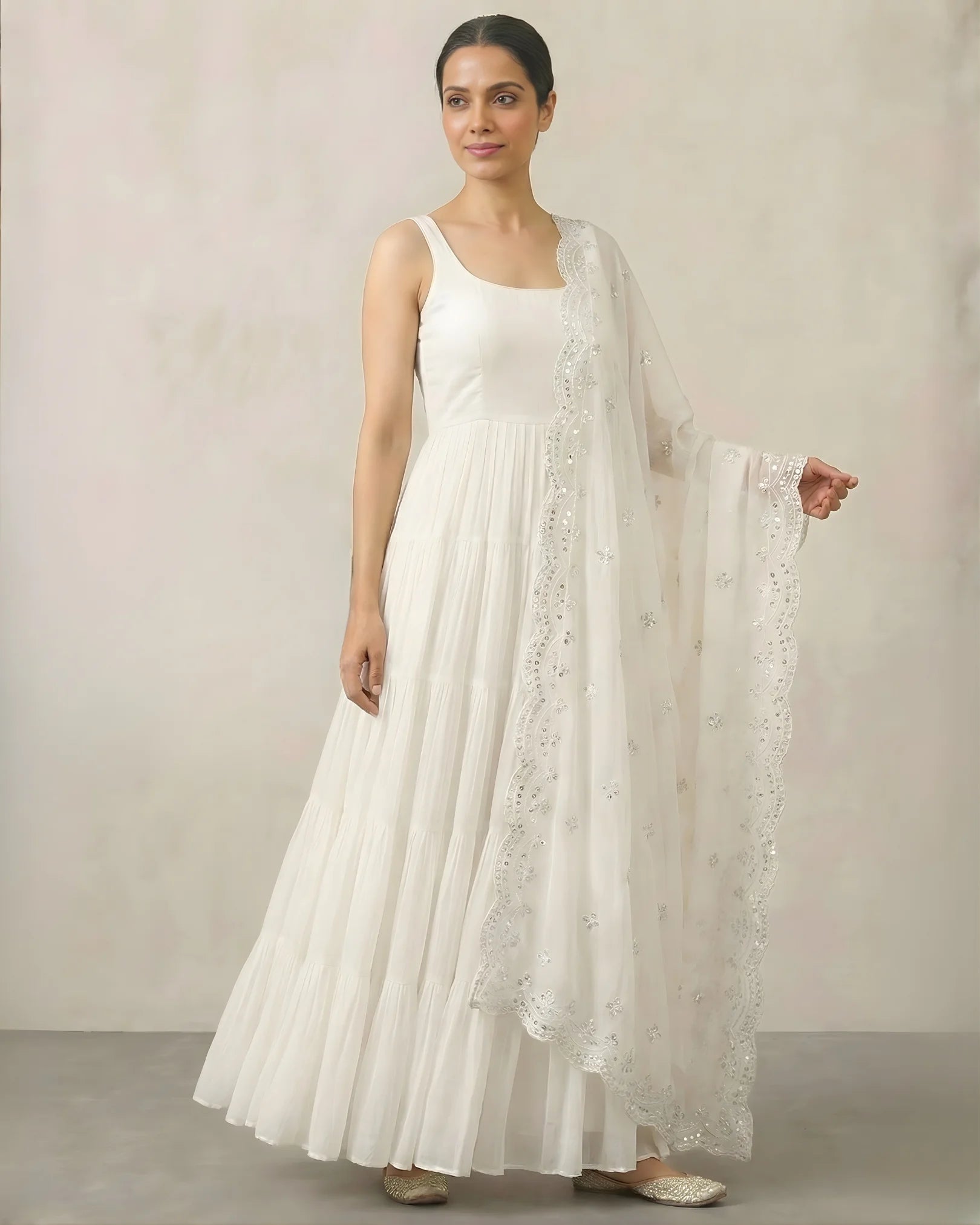 Pure-White Viscose-Georgette Plain-Tiered Anarkali-Dress, Pants & Dupatta Set.