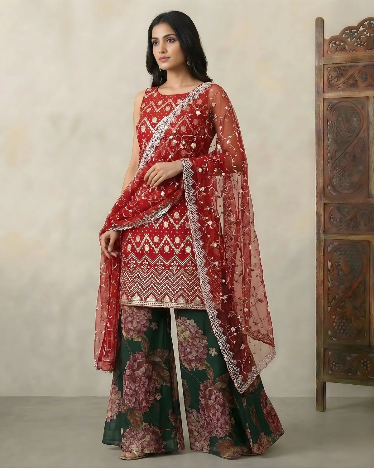 Red Banarasi Sequin Kurti Palazzo Set - view 4