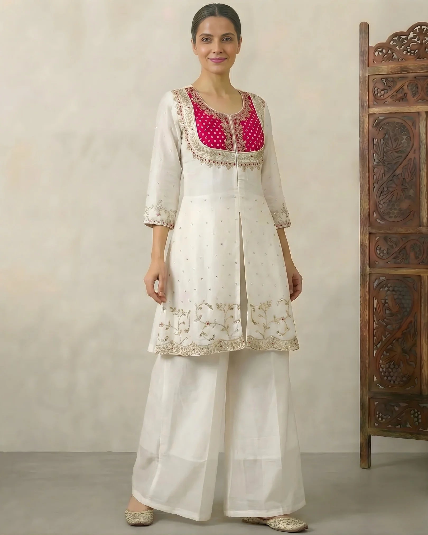 White-Pink Cotton-Silk Zari-Embroidery Front-Slit Kurti-Top & Palazzo Co-Ord Set.