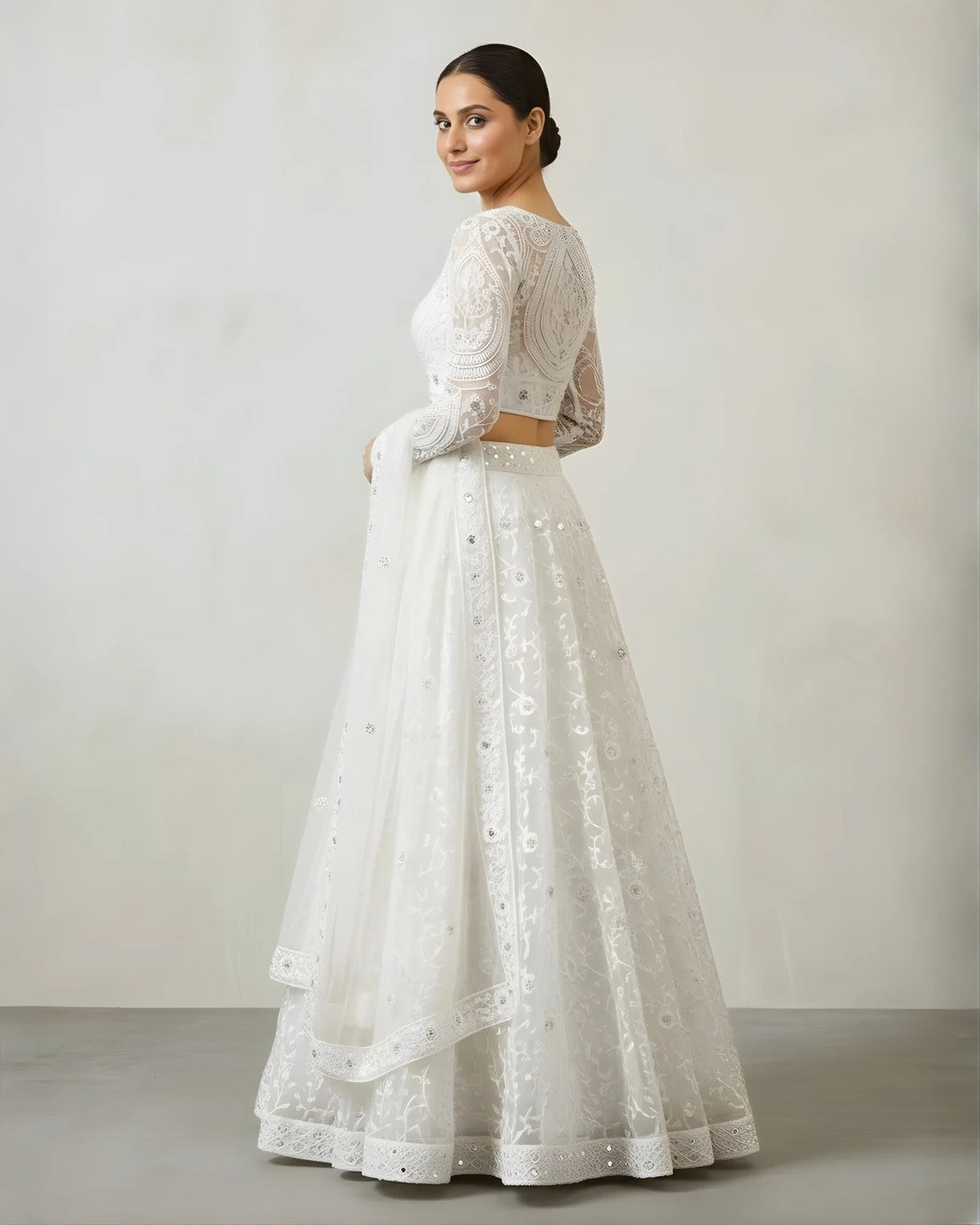 Pure White Tulle Net Pearl Lehenga Set - view 4