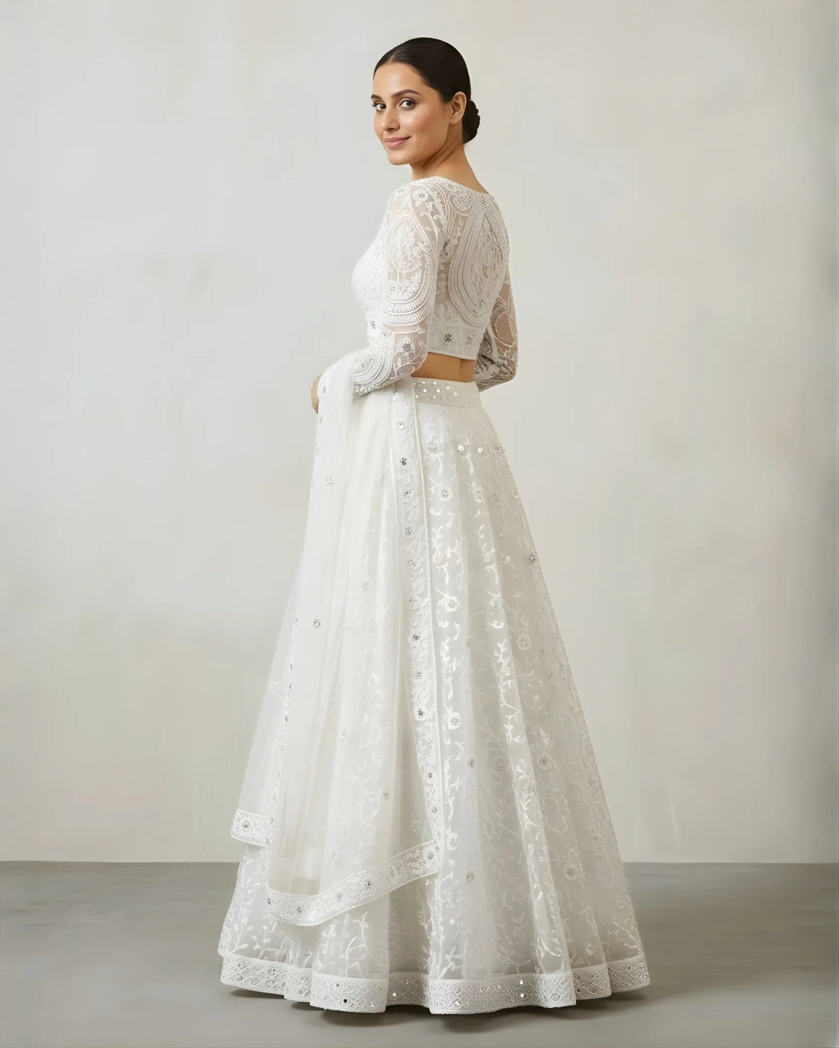 Pure White Tulle Net Pearl Lehenga Set - view 4