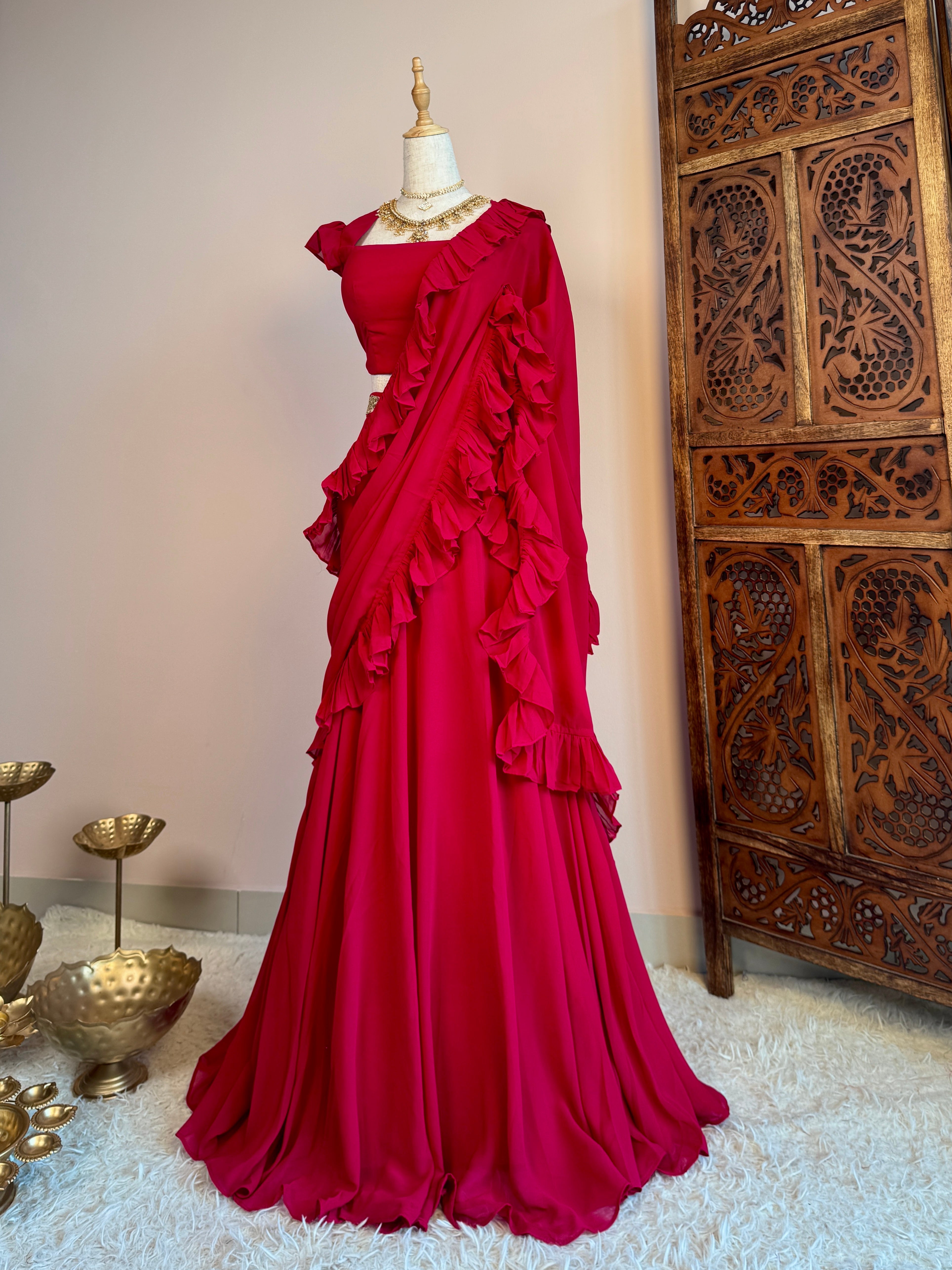 Cherry-Pink Silken-Georgette Pleated-Lehenga-Blouse-Ruffle-Dupatta-Set