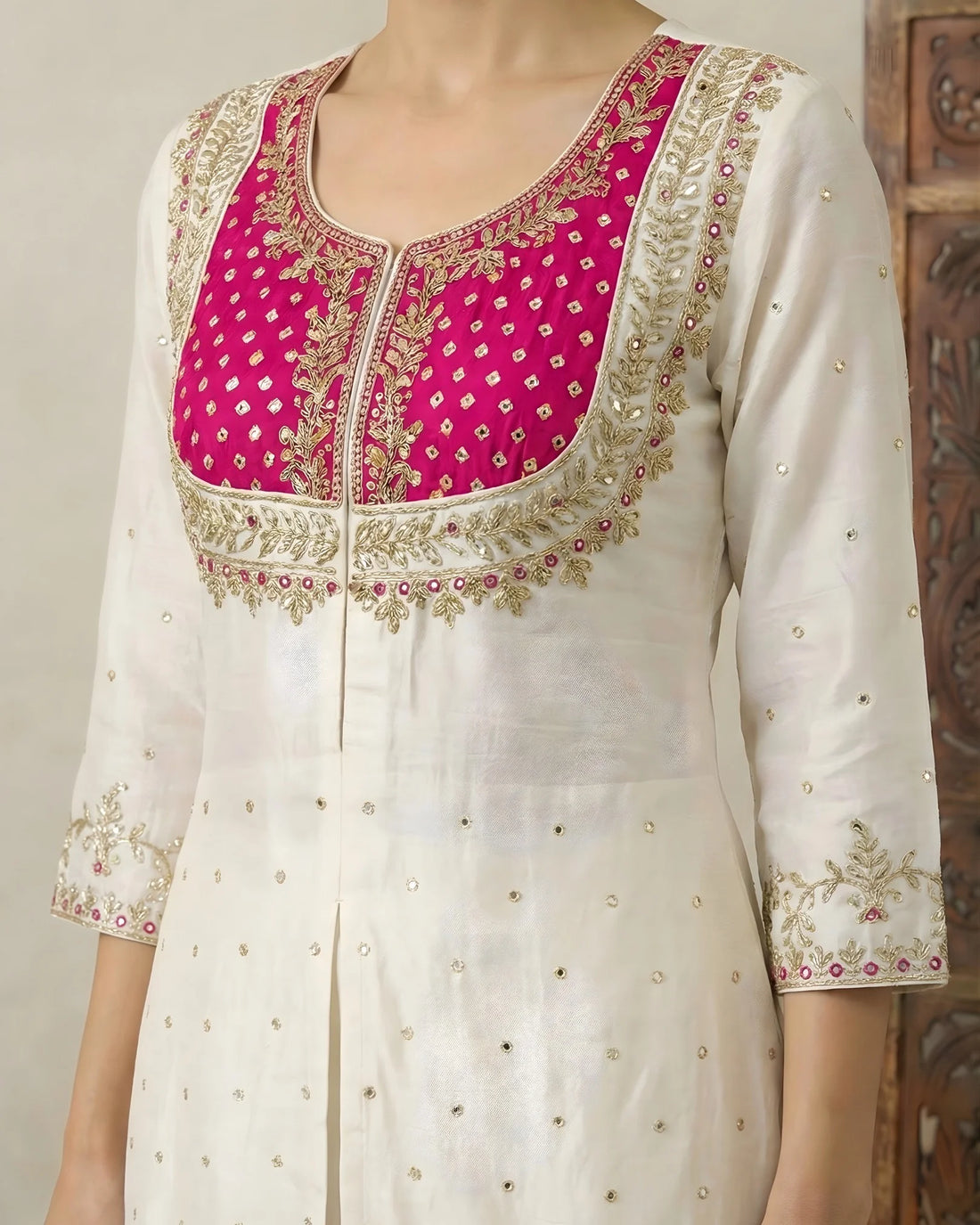White Pink Zari Kurti Palazzo Co-ord Set - view 2