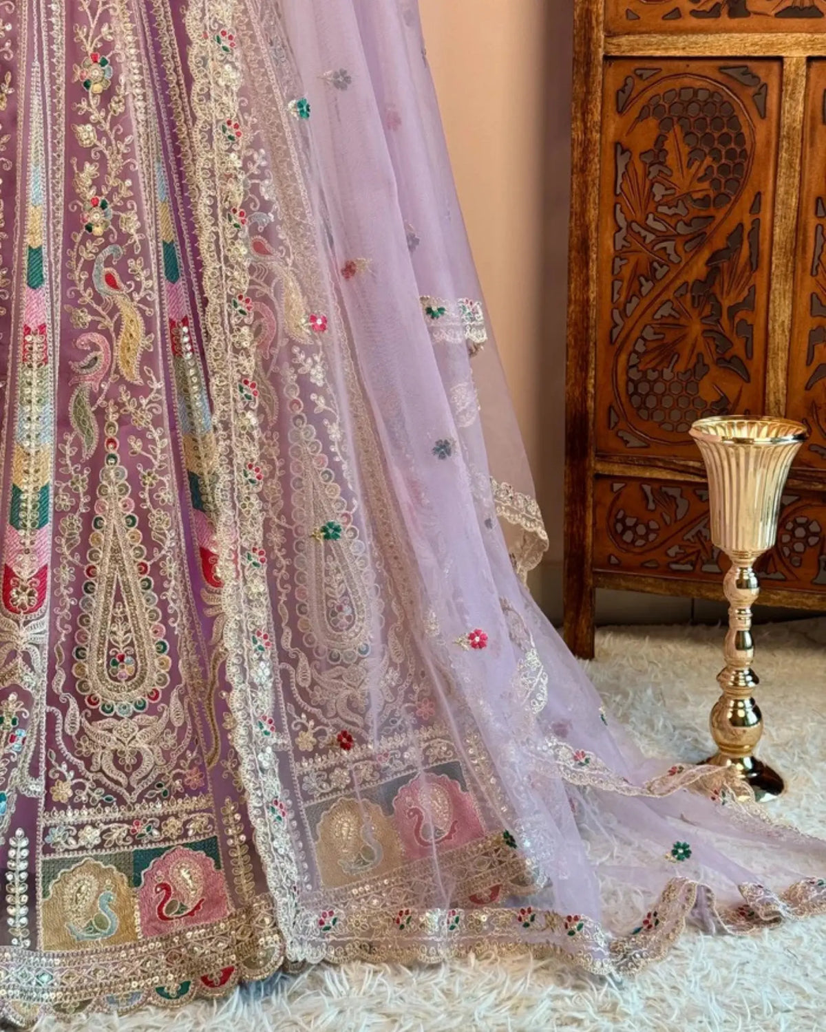 Baby Pink Lavender Net Embroidered Lehenga Set - view 4