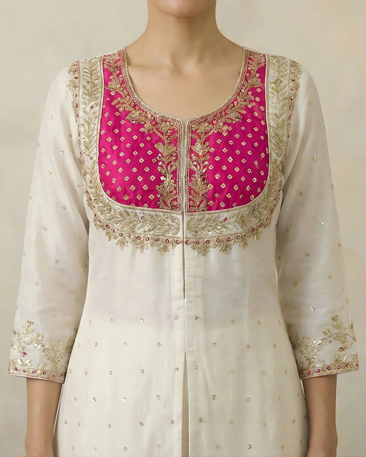 White Pink Zari Kurti Palazzo Co-ord Set - view 3