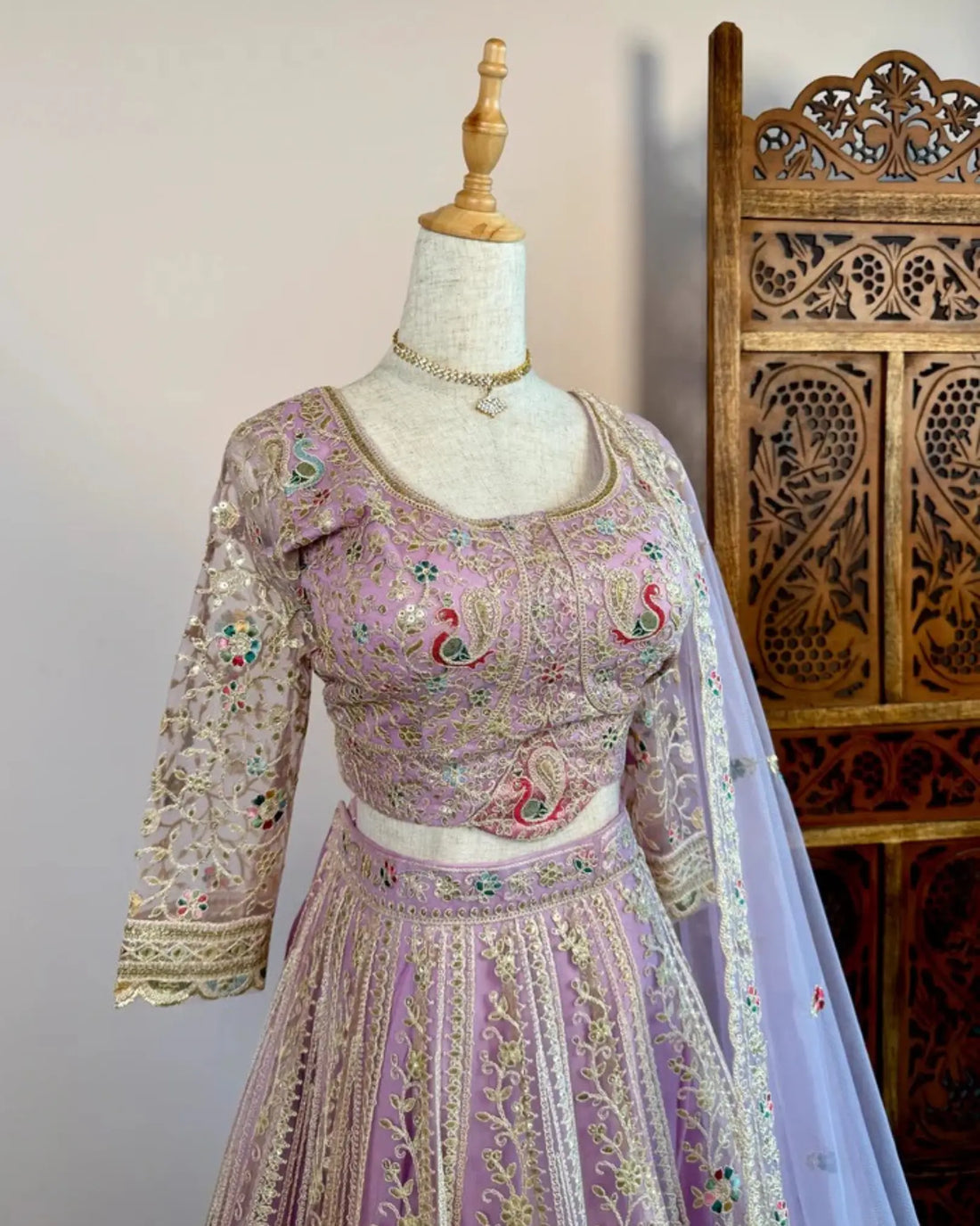 Baby Pink Lavender Net Embroidered Lehenga Set - view 5
