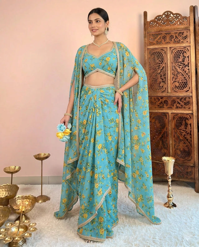 Sky Blue Georgette Drape Skirt Cape Set - view 1