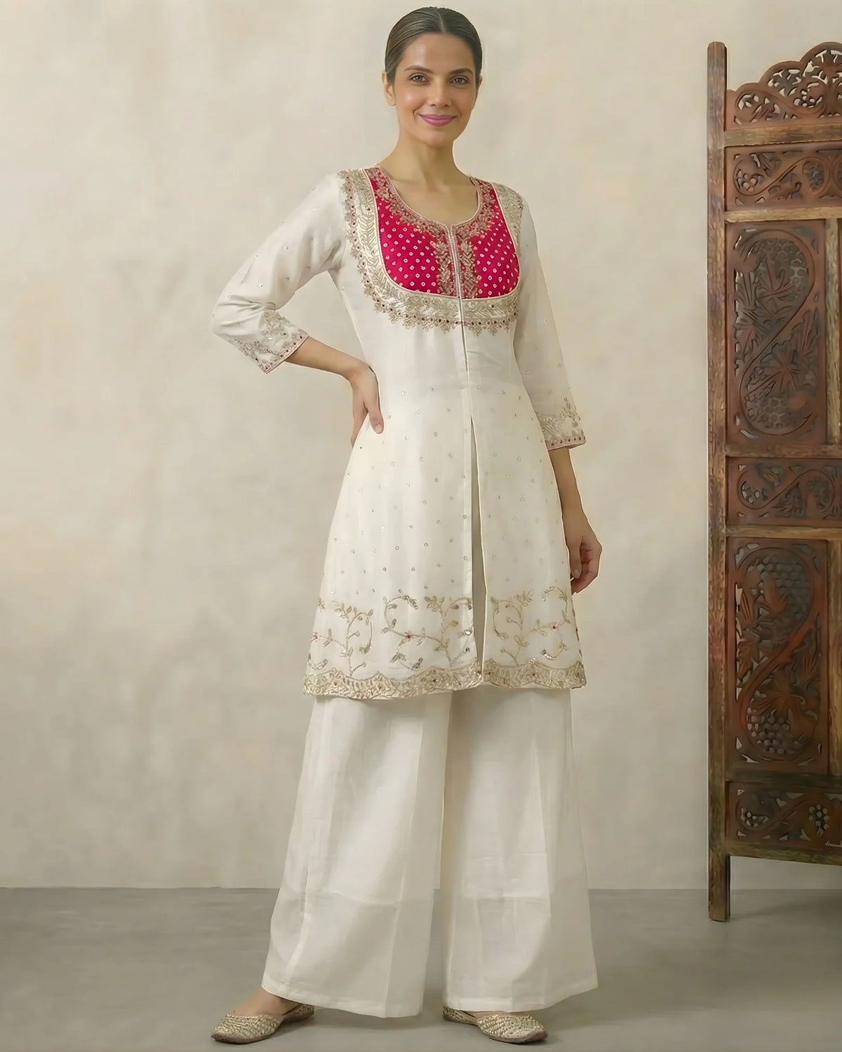 White Pink Zari Kurti Palazzo Co-ord Set - view 4
