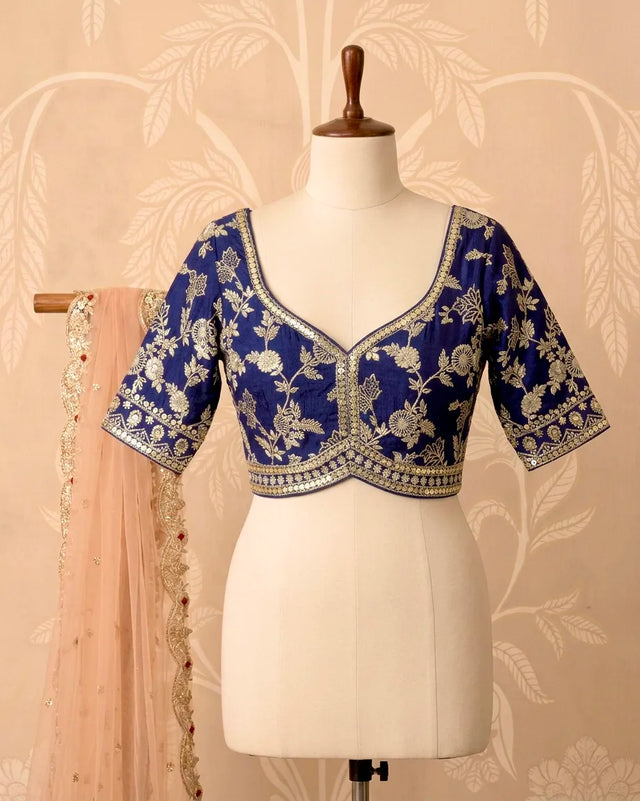 Dark Blue Banarasi Sequin Blouse - view 1