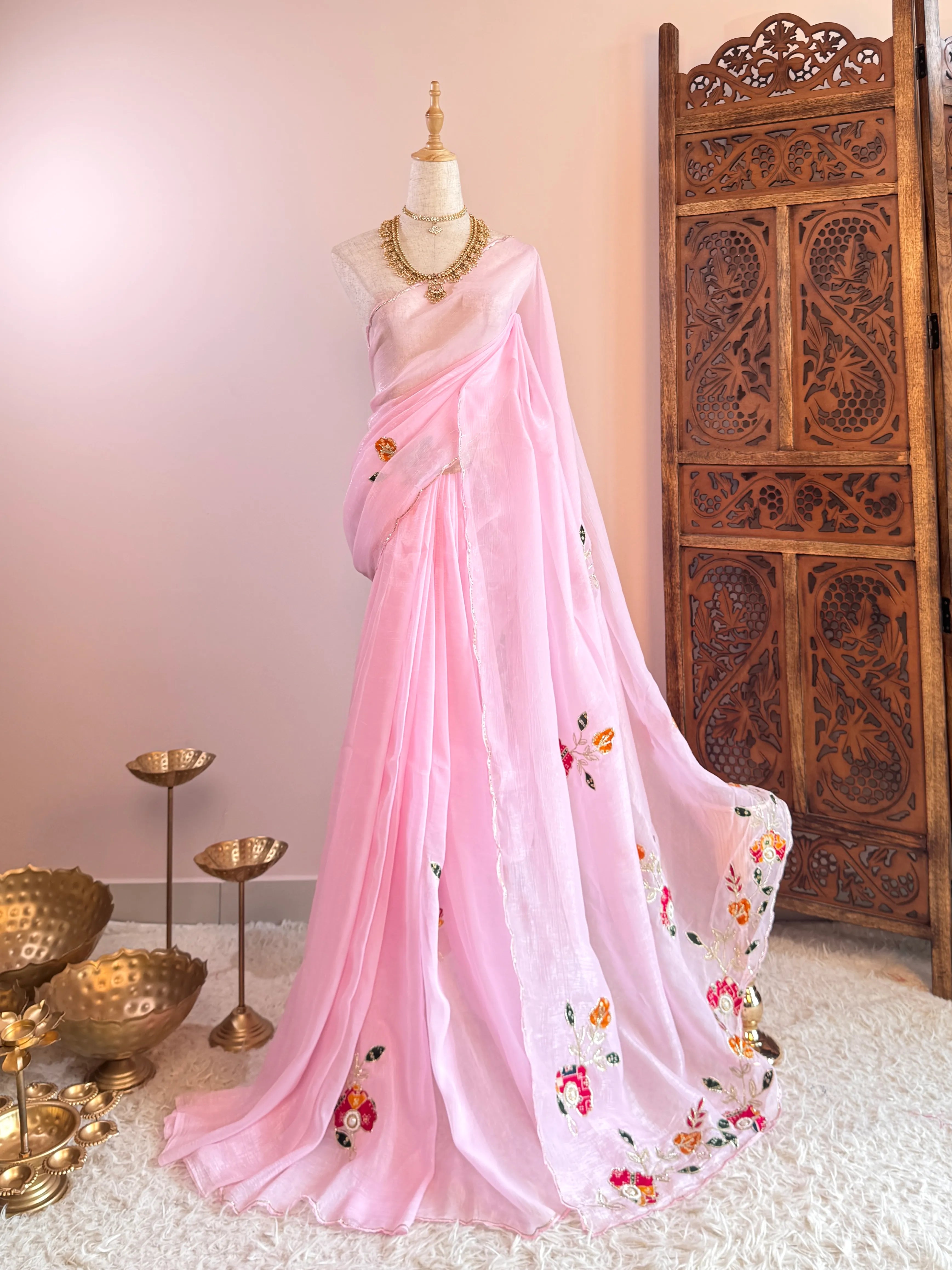 Baby-pink Premium Soft-Organza Handwork-Pallu Bhandini-Bouse North-Saree