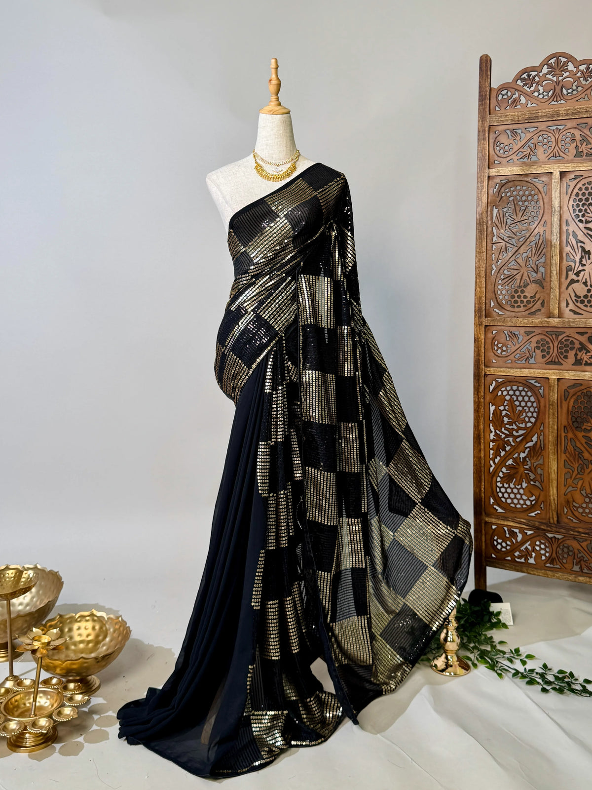 Black Gold Sequin Georgette North Saree - view 1