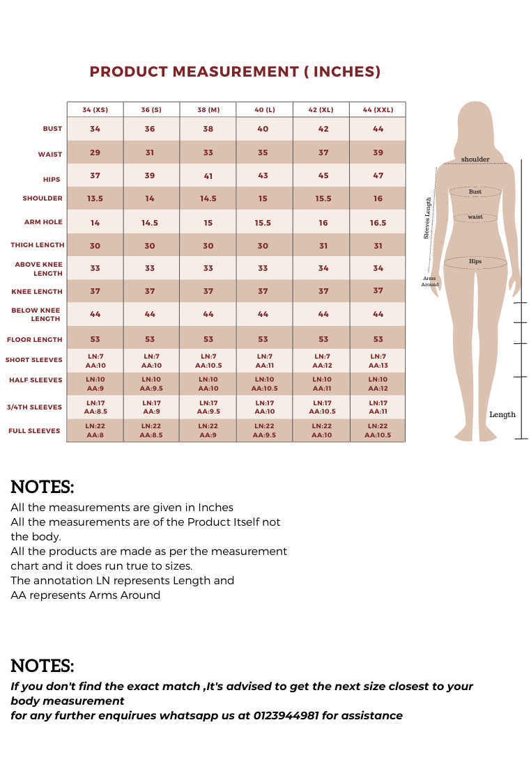 Yeshan size chart and measurement guide