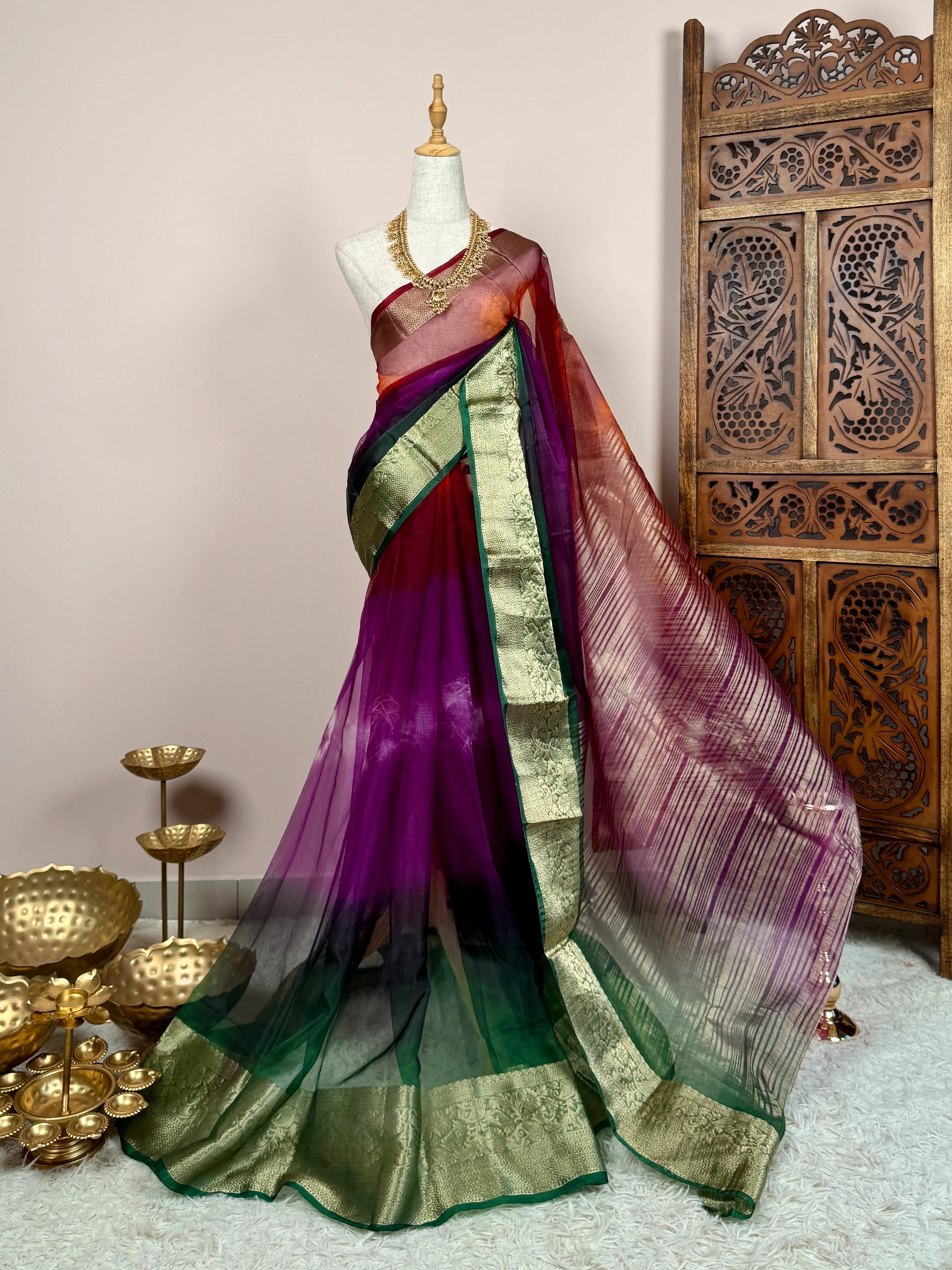 Burgundy Silken-Organza Woven-Border Hand-Dyed North-Saree
