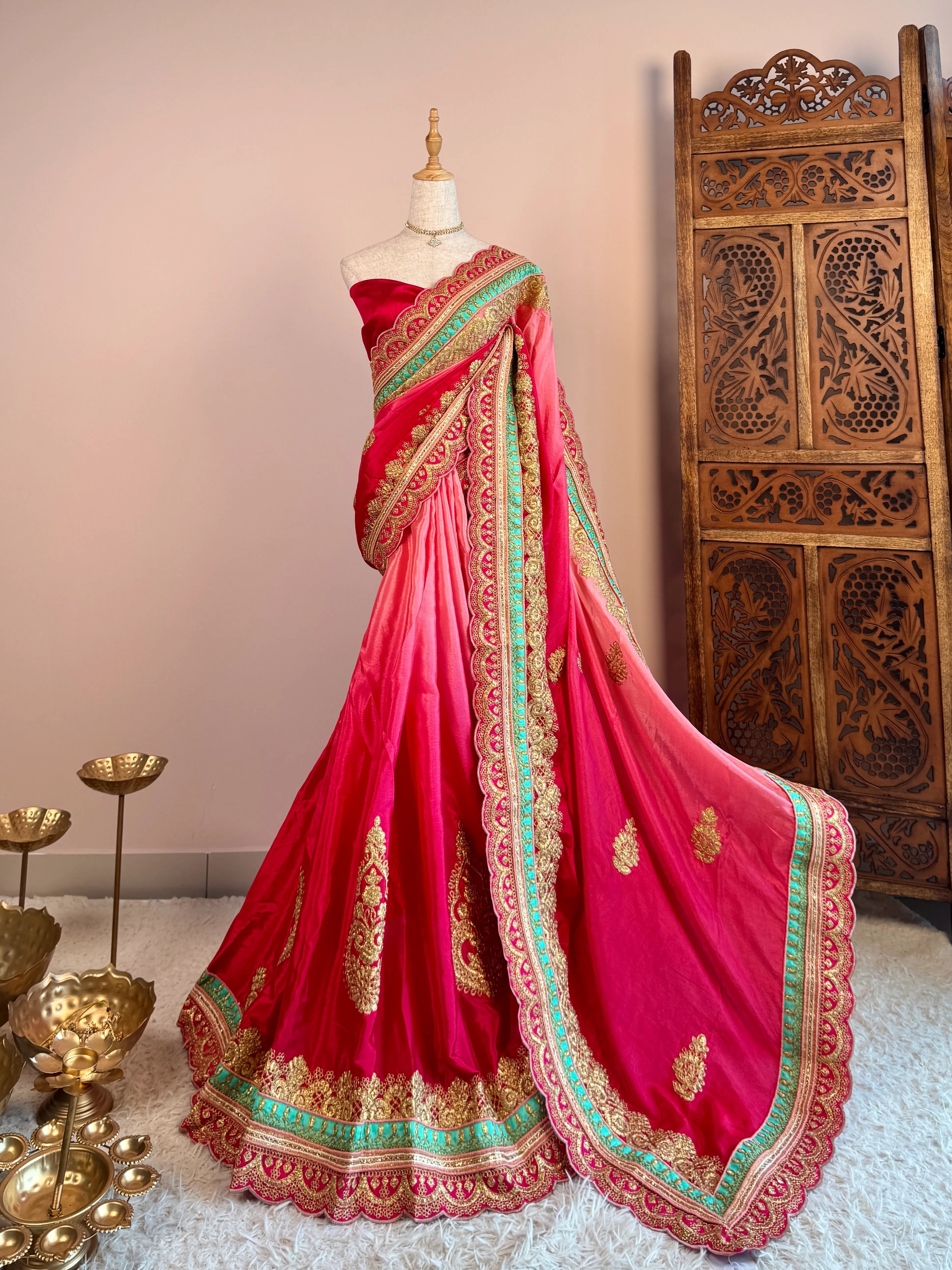 Cherry-Red Soft-Silk Heavy-Embroidery Ombre Premium-North-Saree