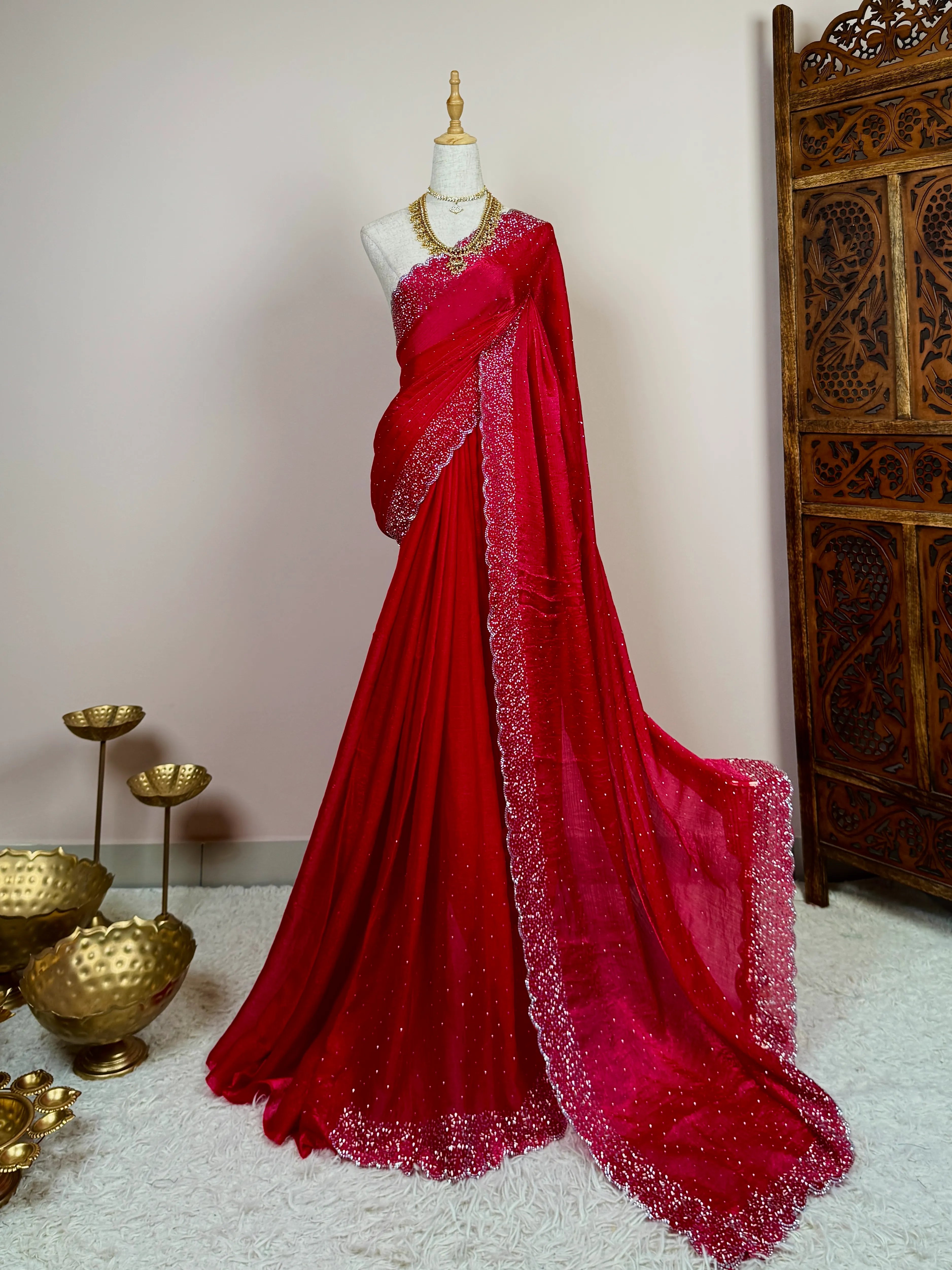 Cherry-Pink Silken-Tissue Stonework-Border North-Saree