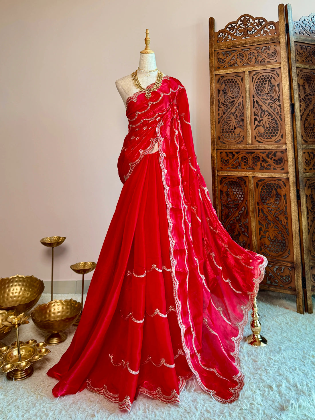 Chilli Red Silken Tissue Crown North Saree - view 1