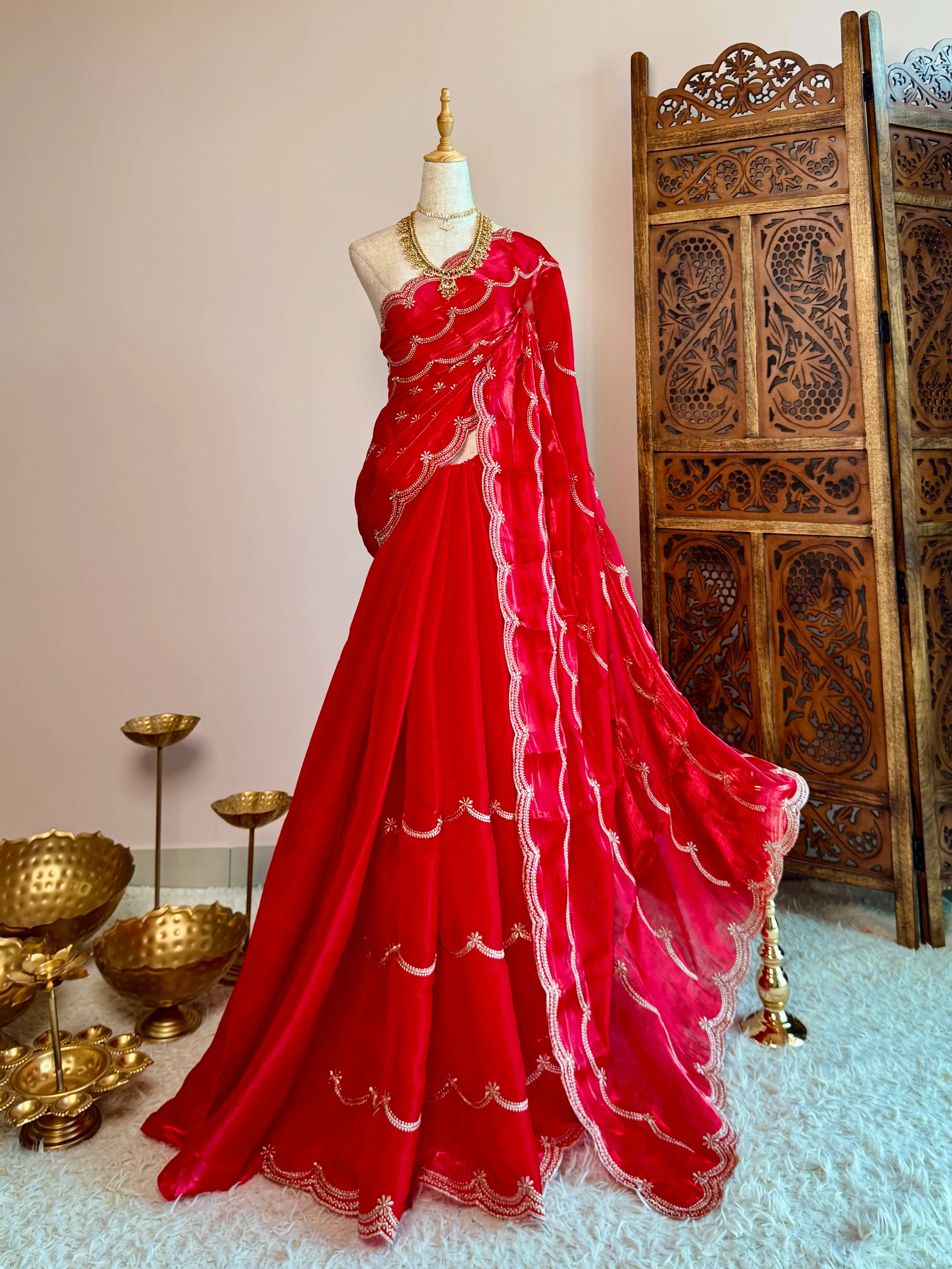 Chilli-Red Silken-Tissue Crown-Designed North-Saree