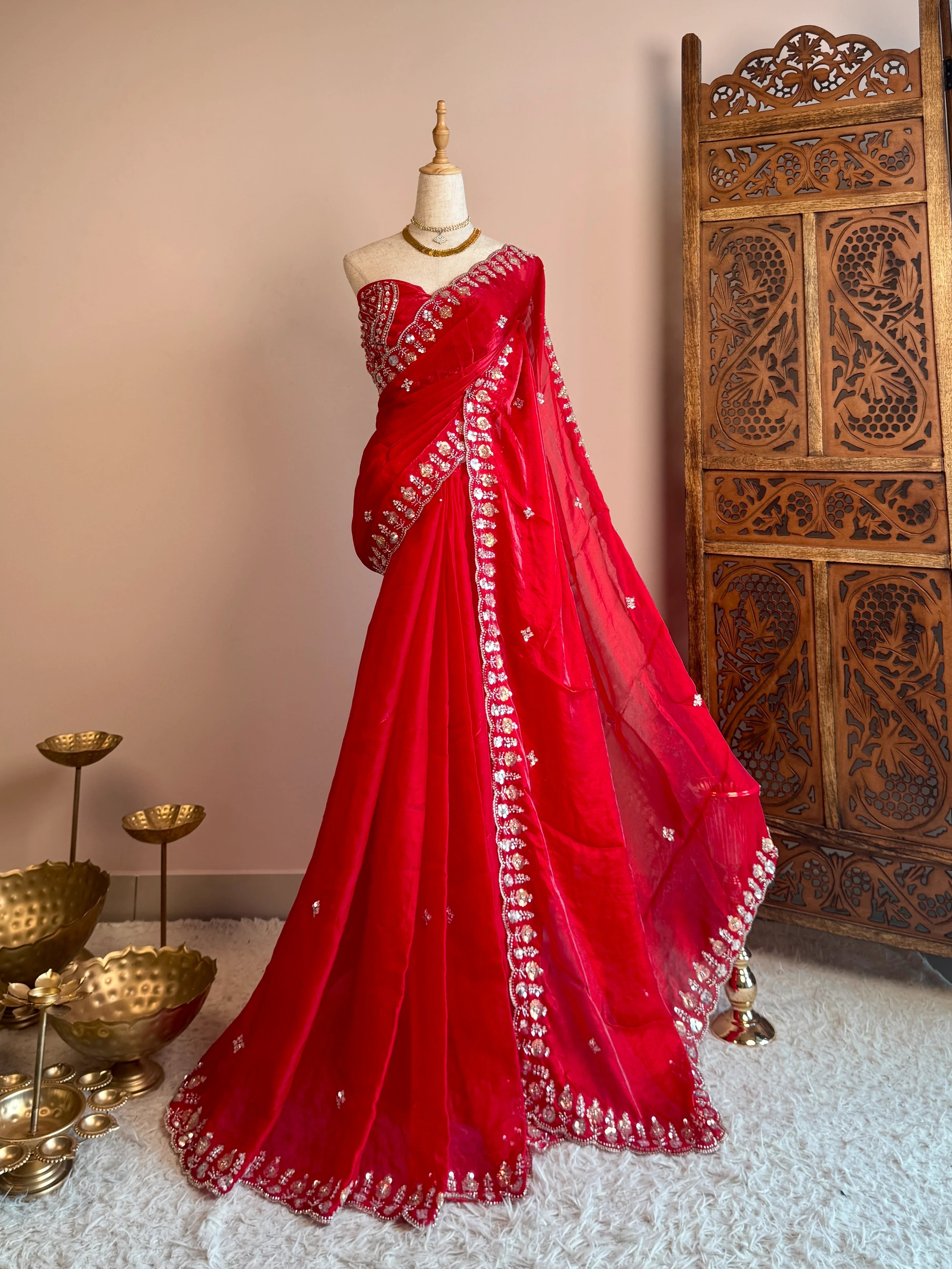 Chilli-Red Silken-Tissue Stonework-Border-Cutwork Grand-Blouse North-Saree