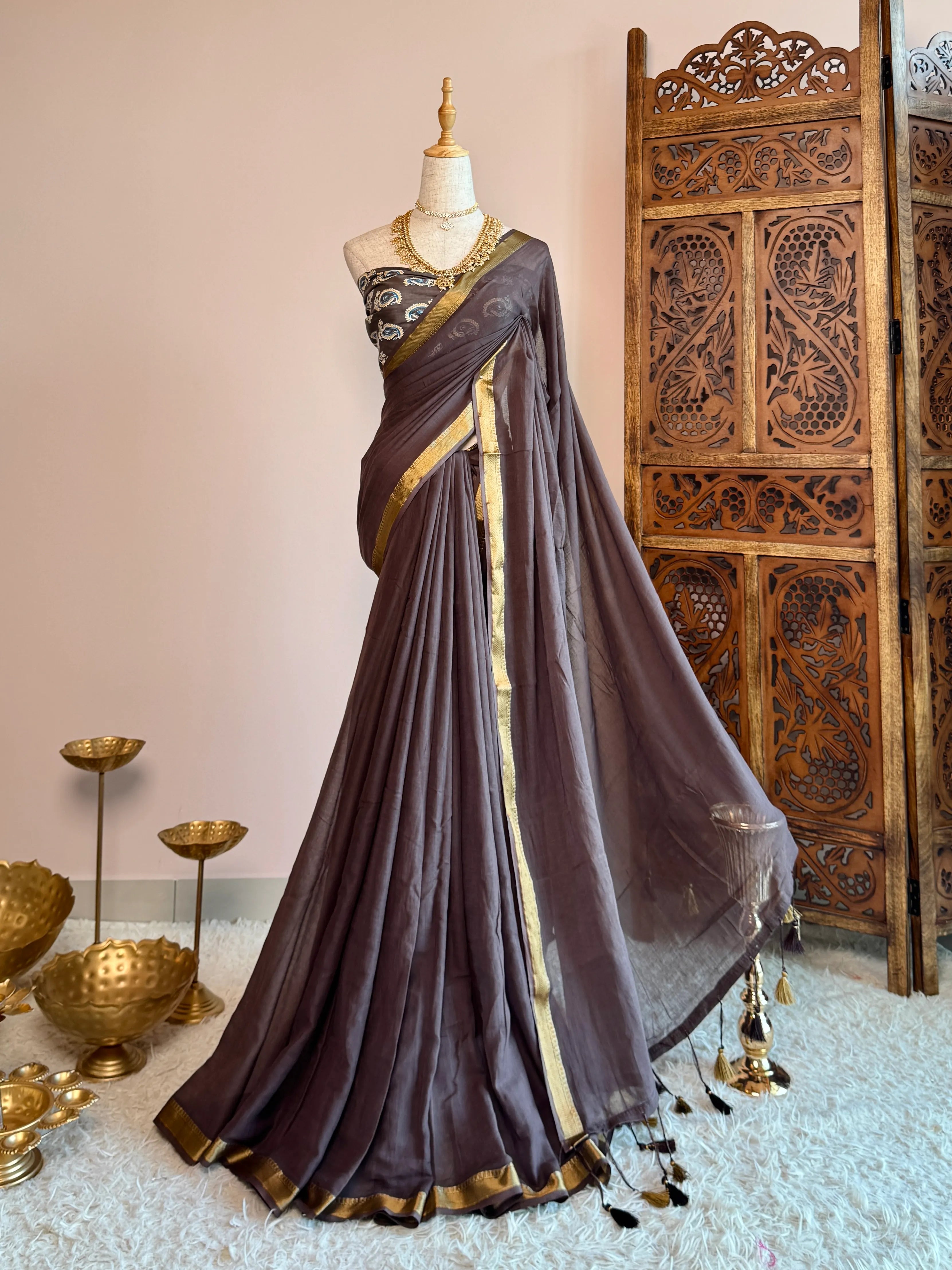 Coffee-Brown Handspun Pure-Cotton Zari-Patta Bengal-Saree