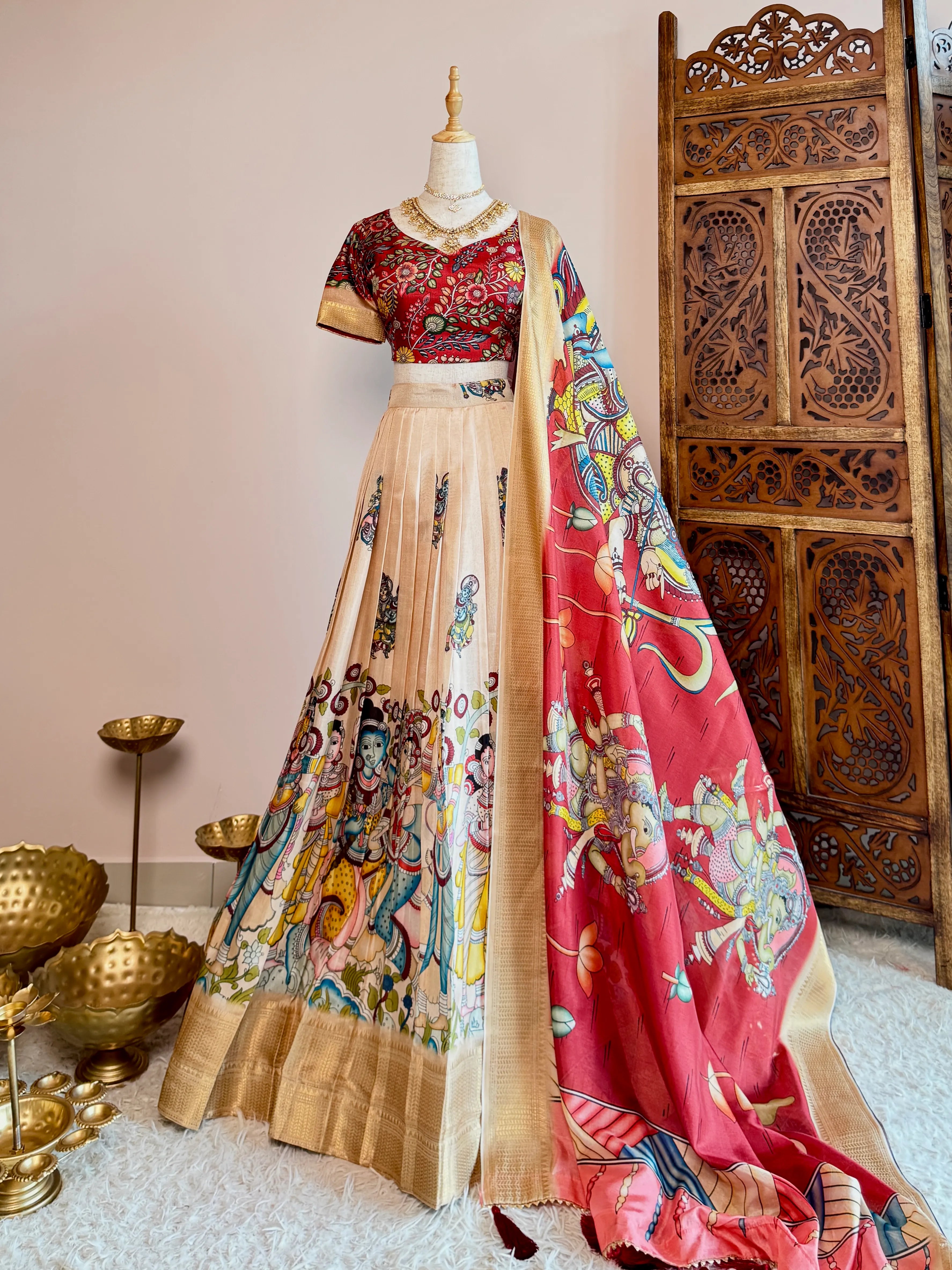 Cream-Maroon Soft-Silk Premium Kalamkari-Box-Pleated Designer Lehenga-Blouse-Dupatta-Set