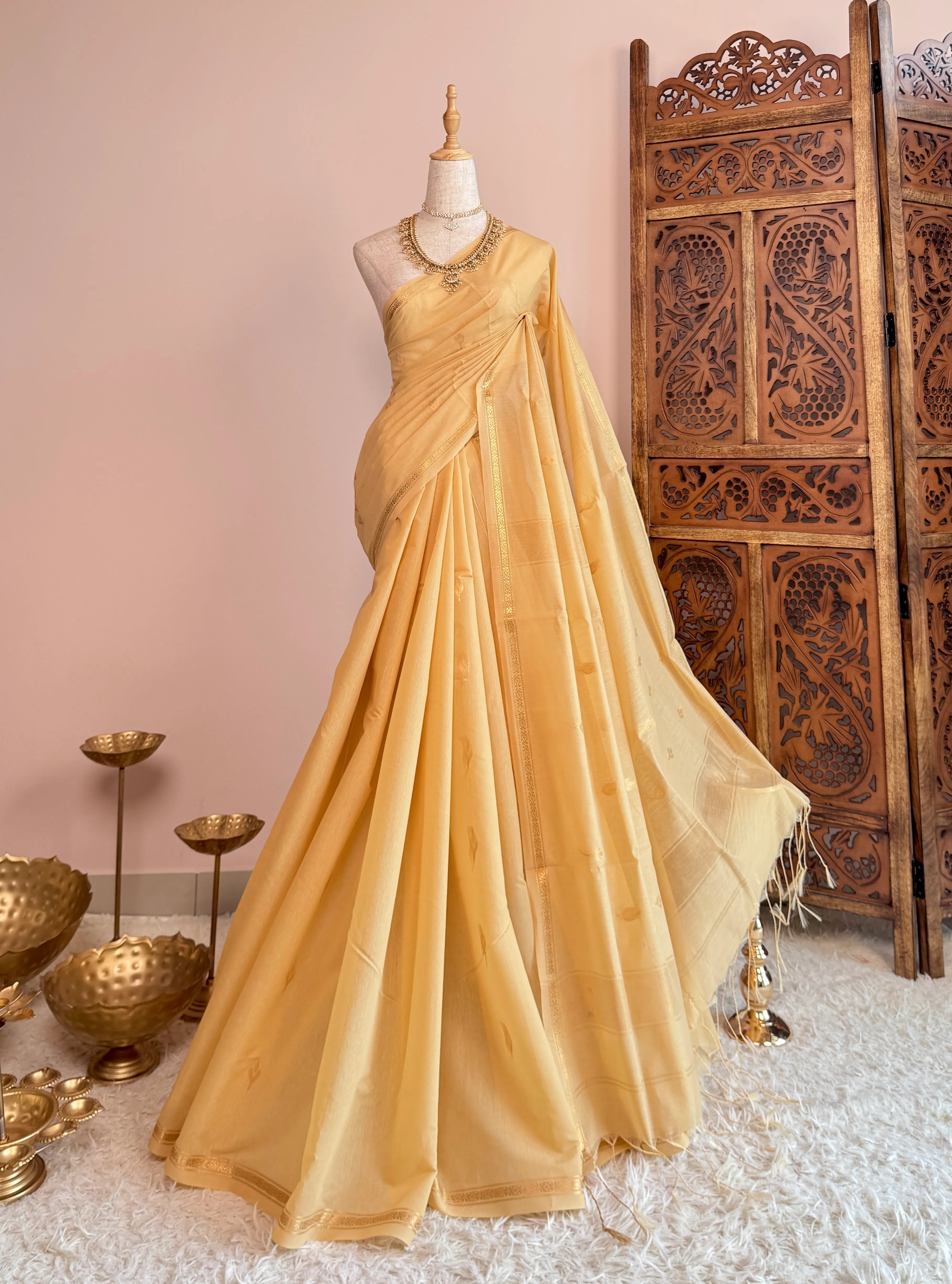 Cream-Gold Silk-Cotton Woven-Butti South-Saree