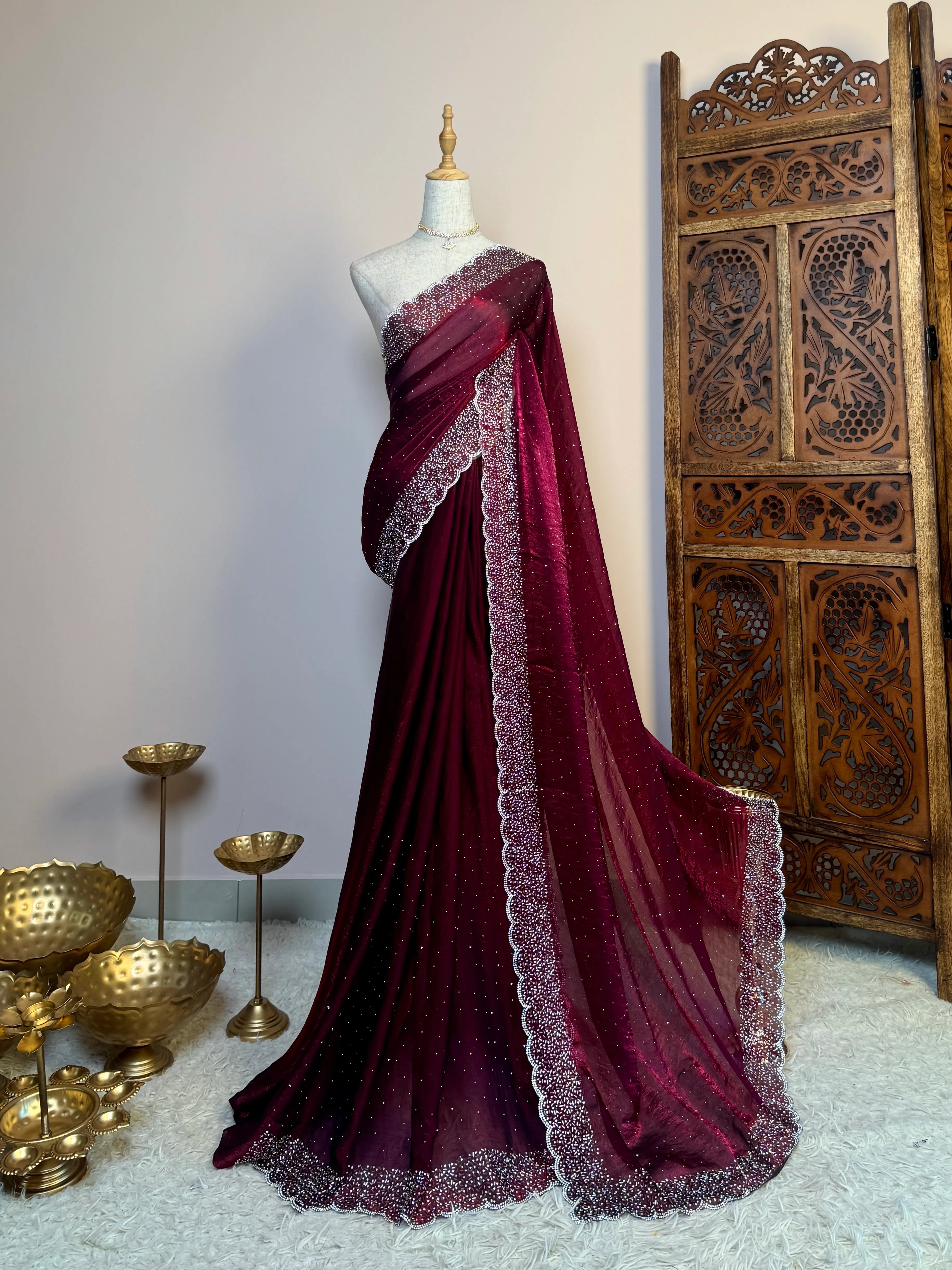 Dark-Wine Silken-Tissue Stonework-Border North-Saree