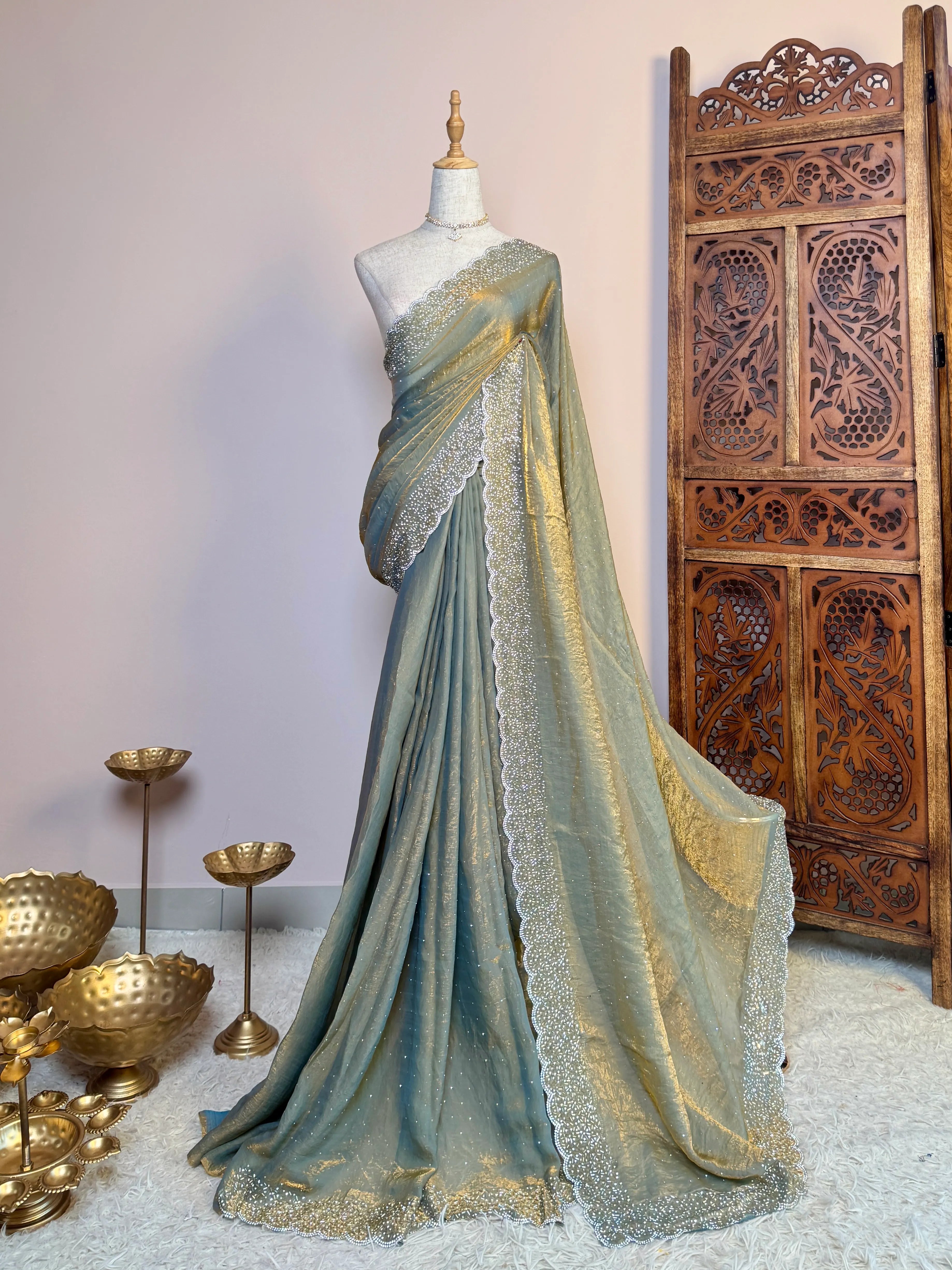 Double-toned Turquoise Silk-Tissue Stonework-Border North-Saree