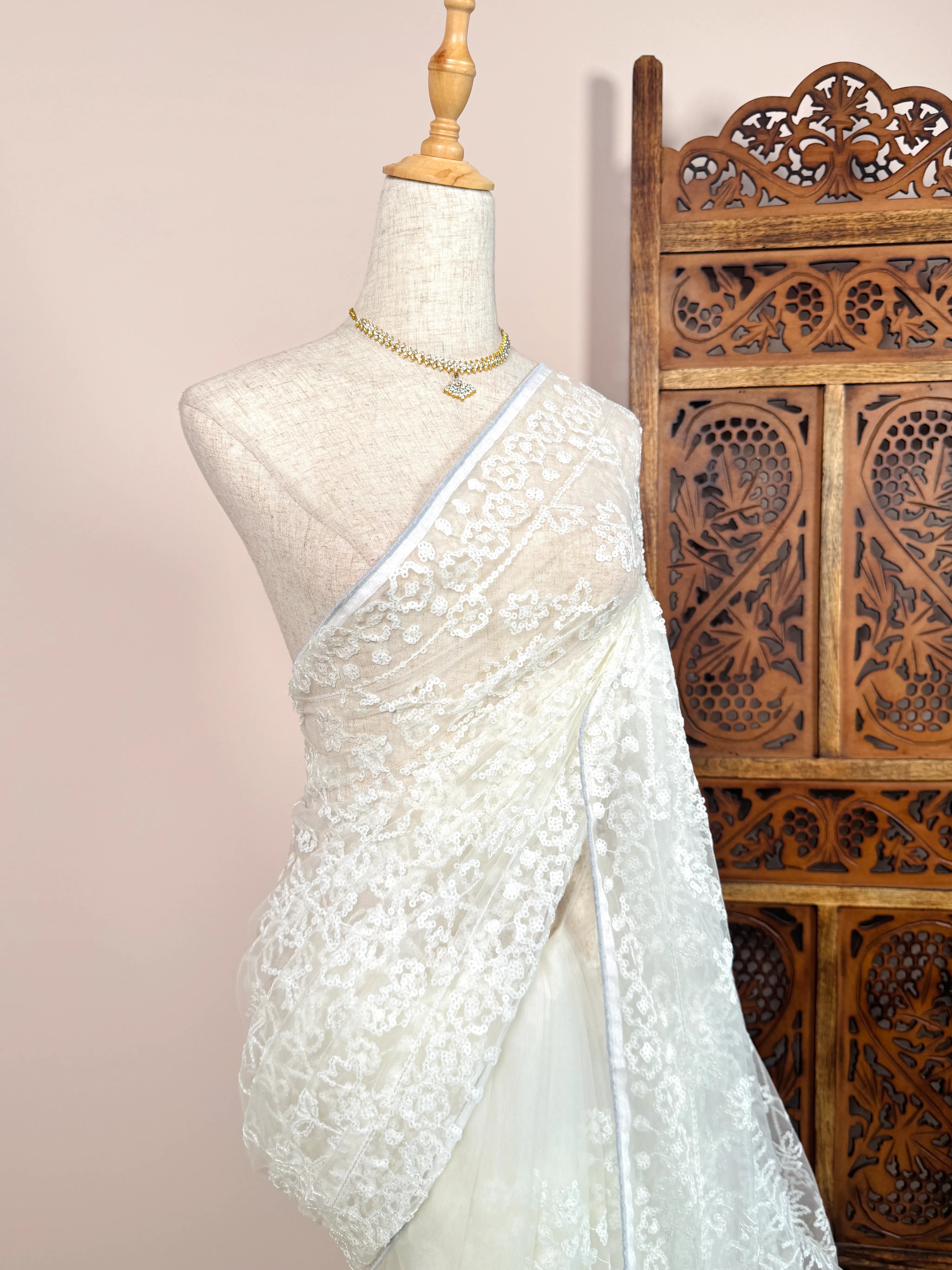 Pure-White Net Sequin-Embroidered North-Saree