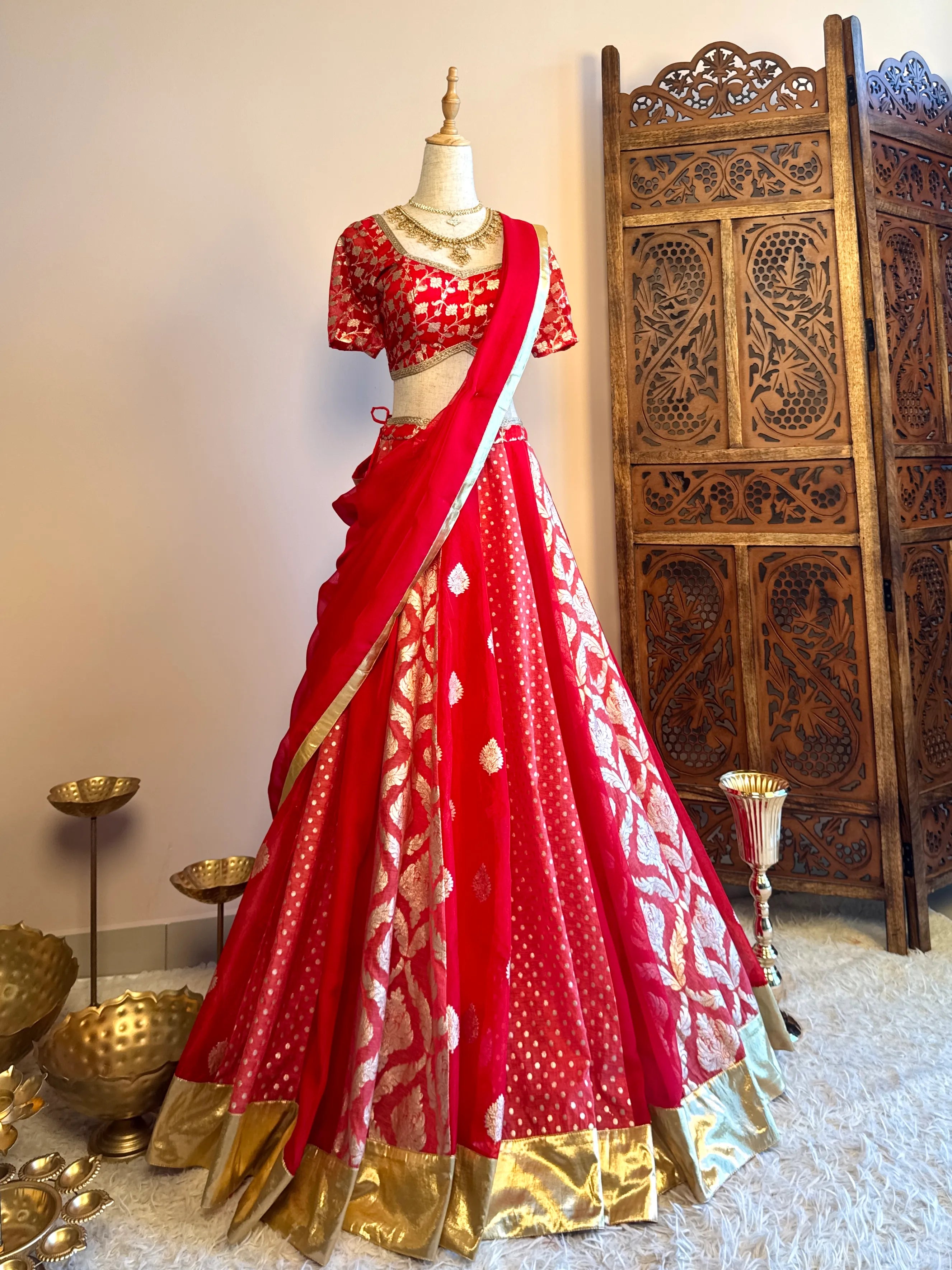 Red-Mauve Pink Banarasi-Brocade Multi-kalidaar Lehenga-Blouse-Dupatta-Set