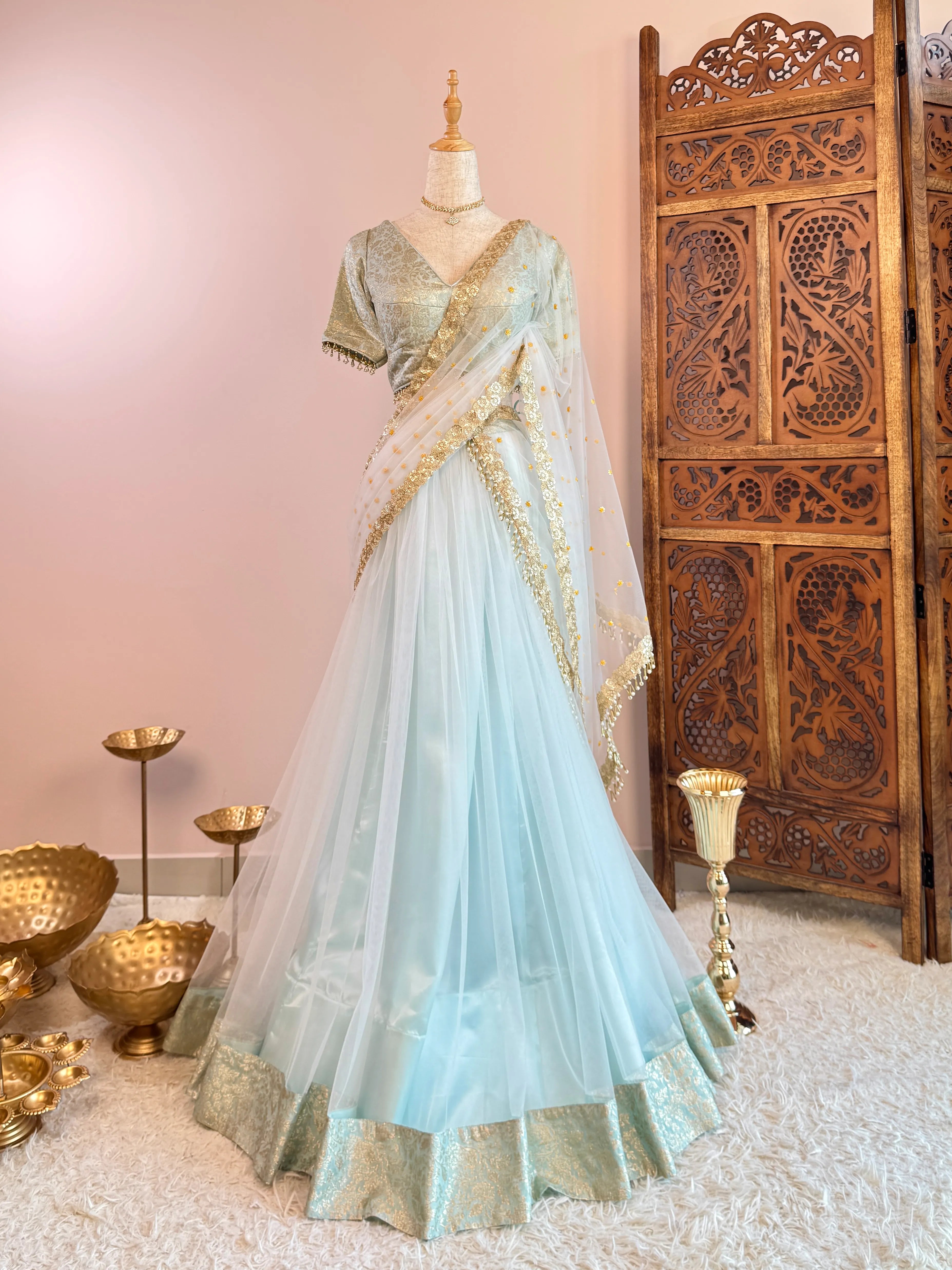 Pastel-Turquoise Brocade-Organza Pleated-Lehenga-Blouse-Dupatta-set