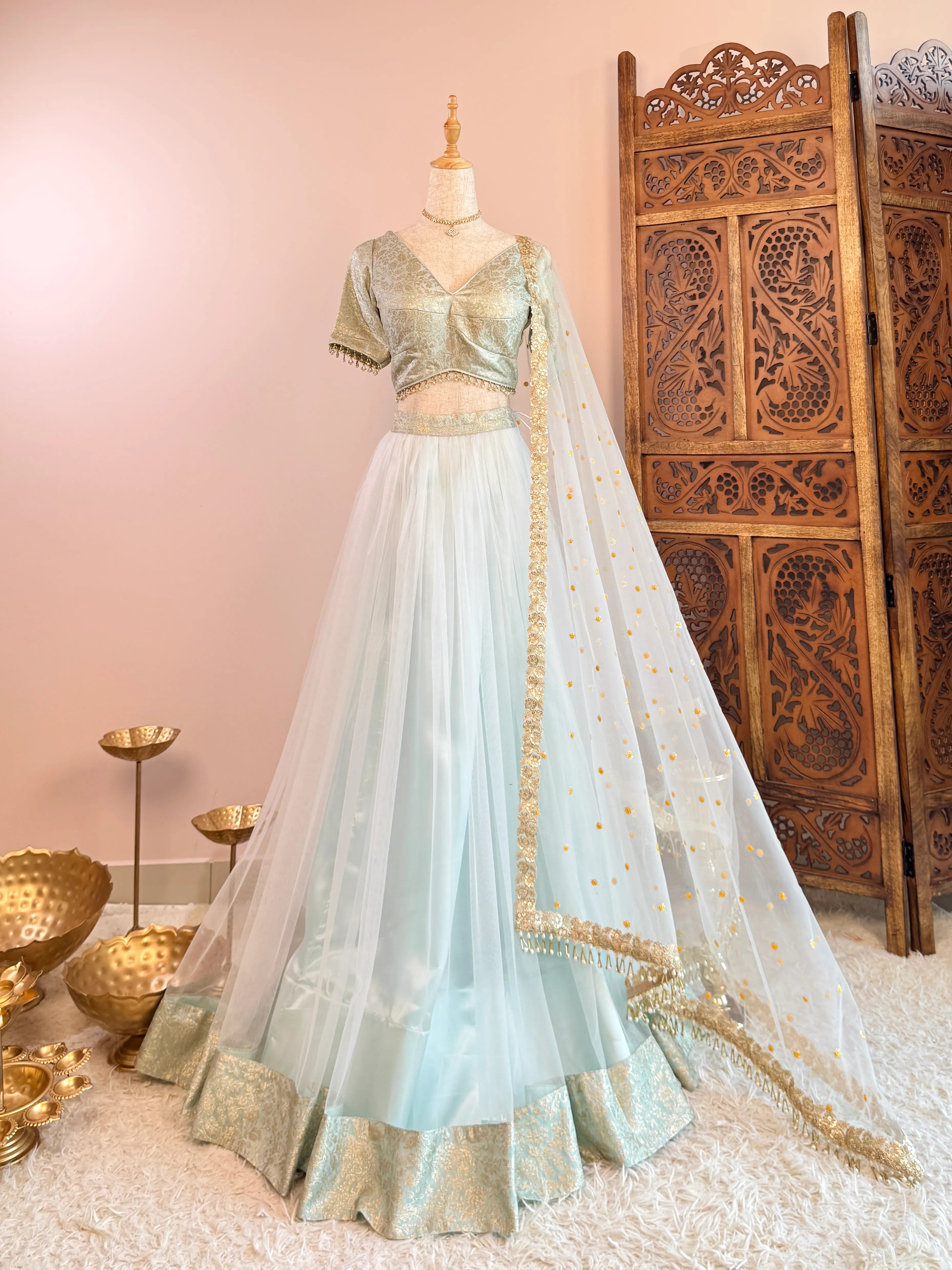 Pastel-Turquoise Brocade-Organza Pleated-Lehenga-Blouse-Dupatta-set