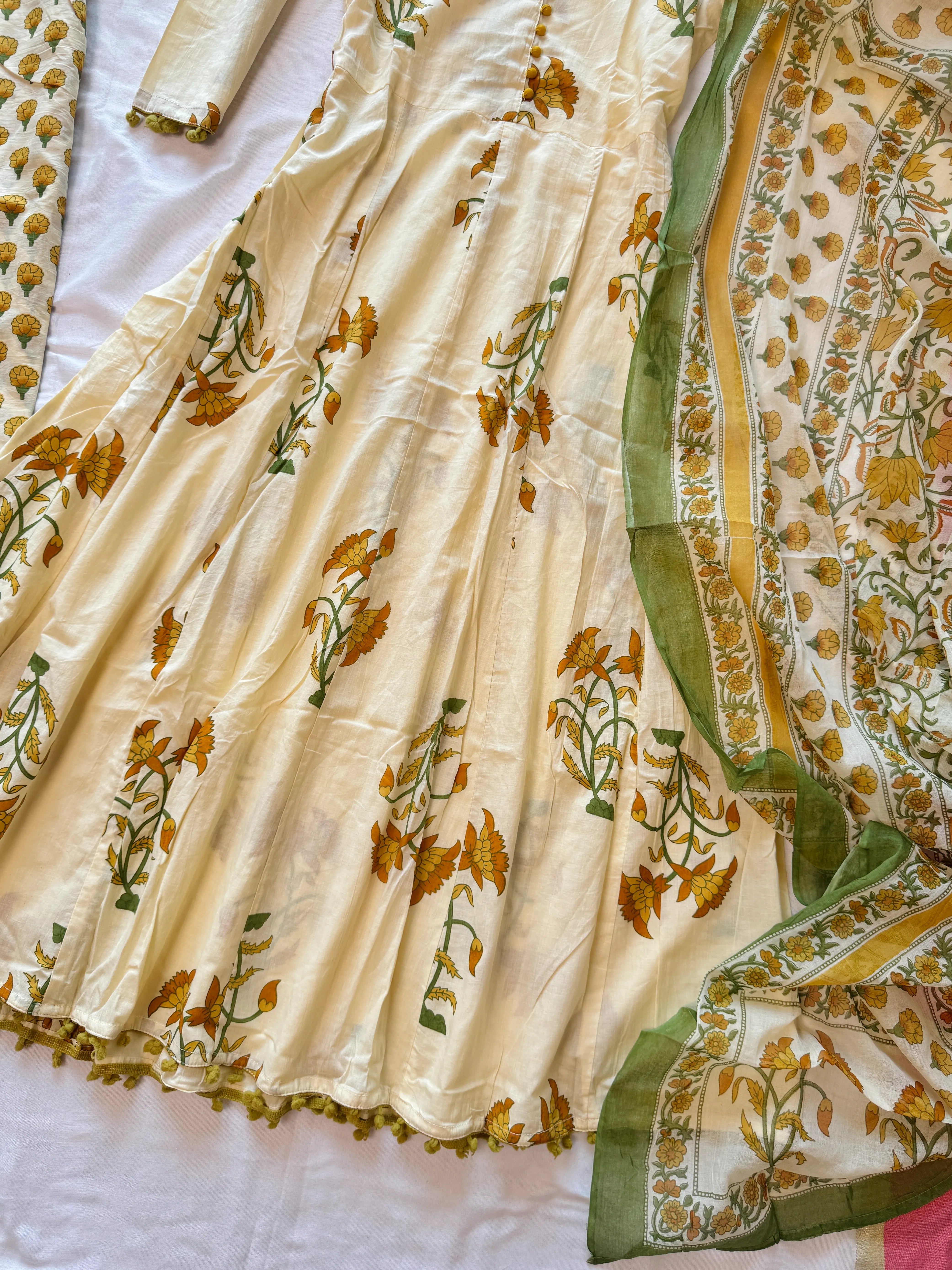 Pastel-Yellow Pure-Cotton Block-Print Anarkali-Palazzo-Kurti-Set