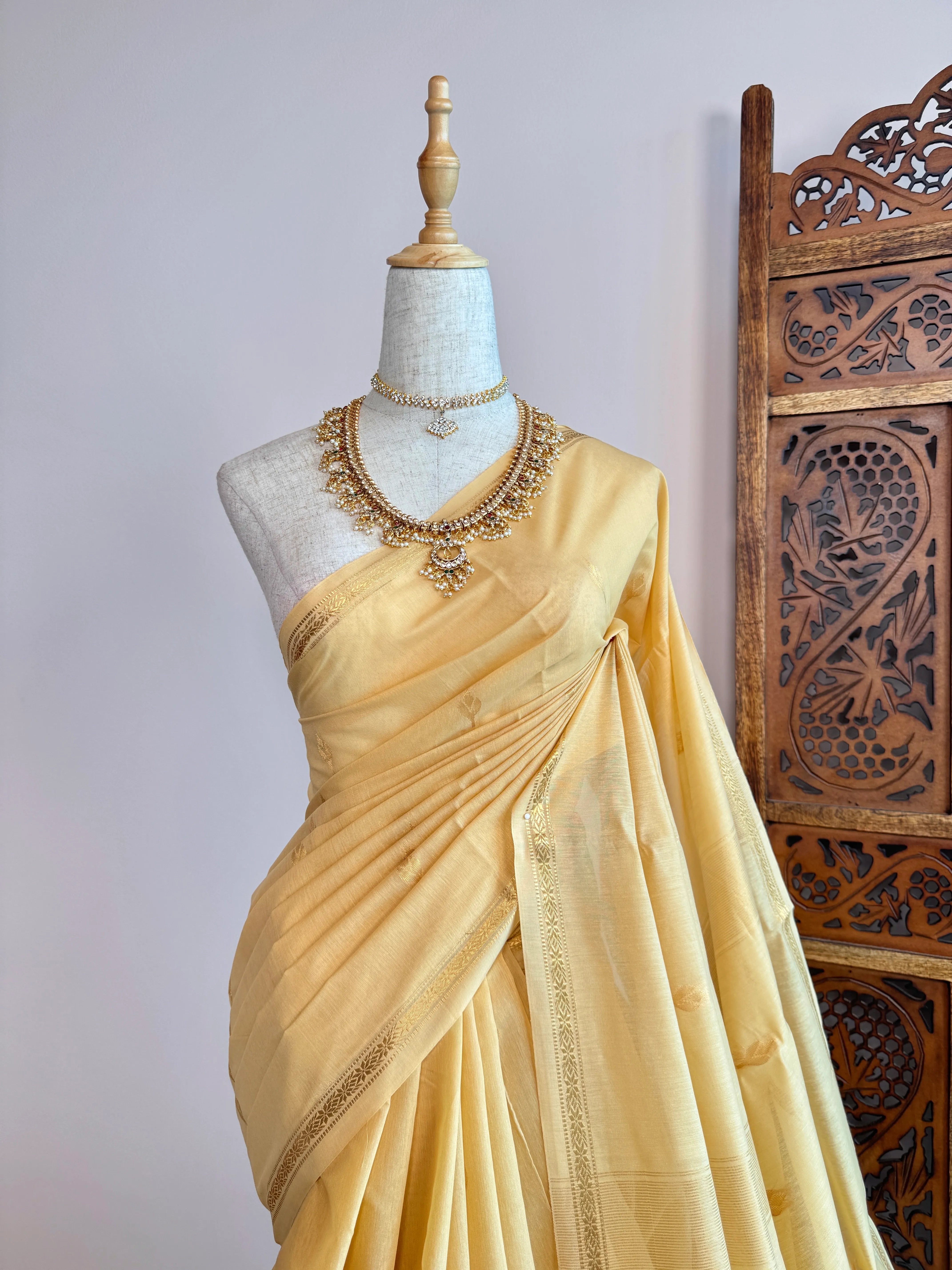 Cream-Gold Silk-Cotton Woven-Butti South-Saree