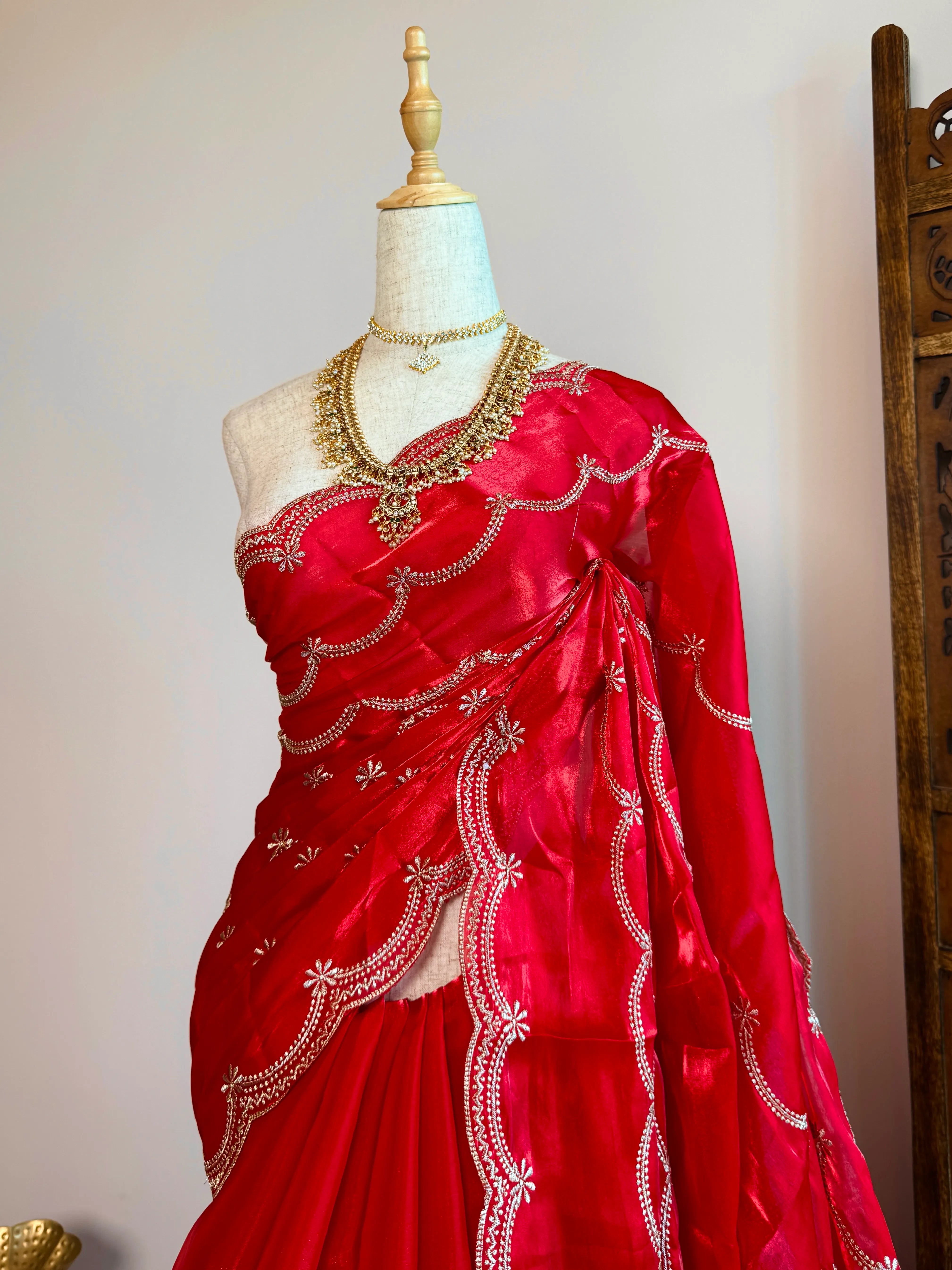 Chilli-Red Silken-Tissue Crown-Designed North-Saree