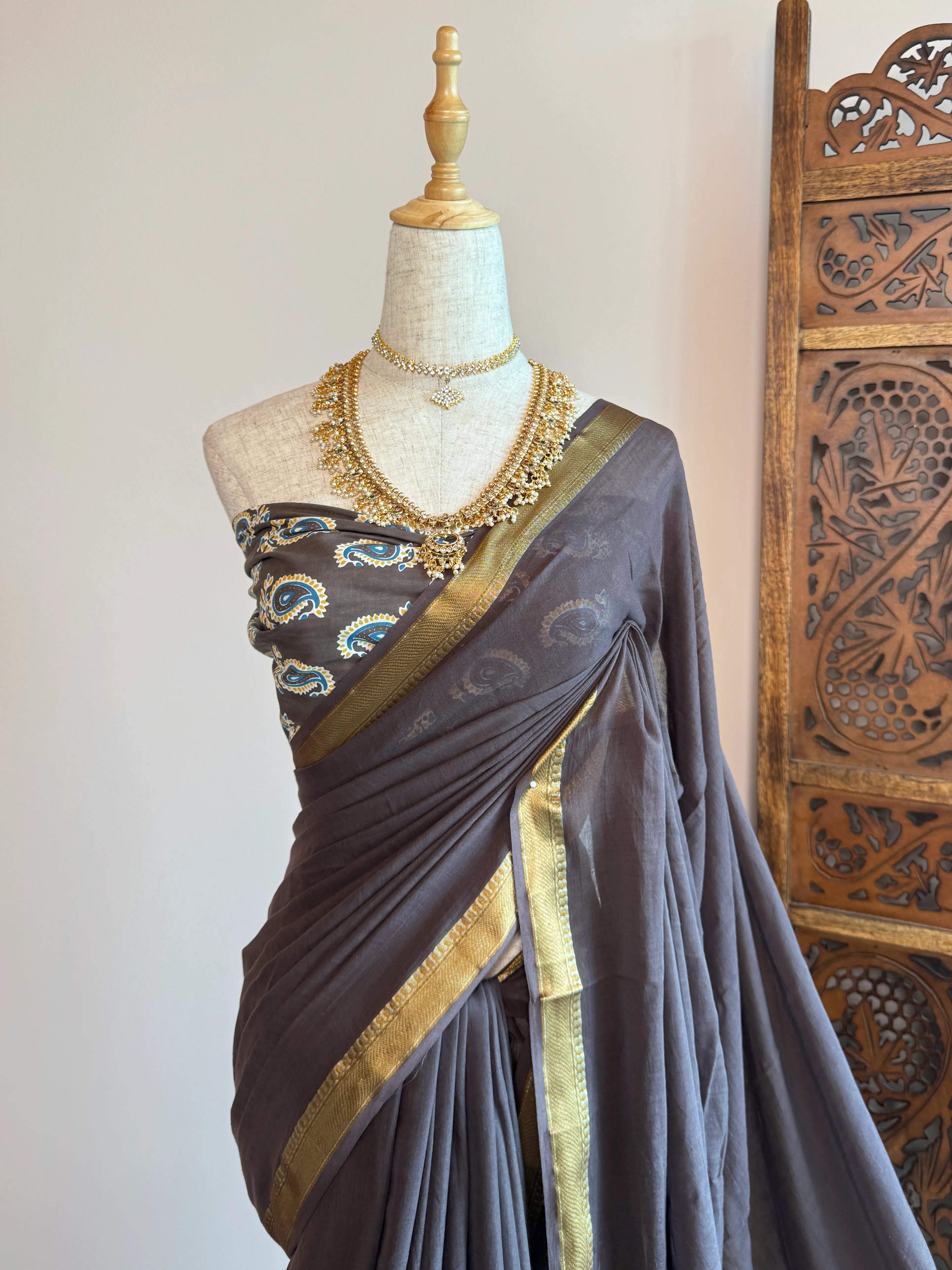 Coffee-Brown Handspun Pure-Cotton Zari-Patta Bengal-Saree