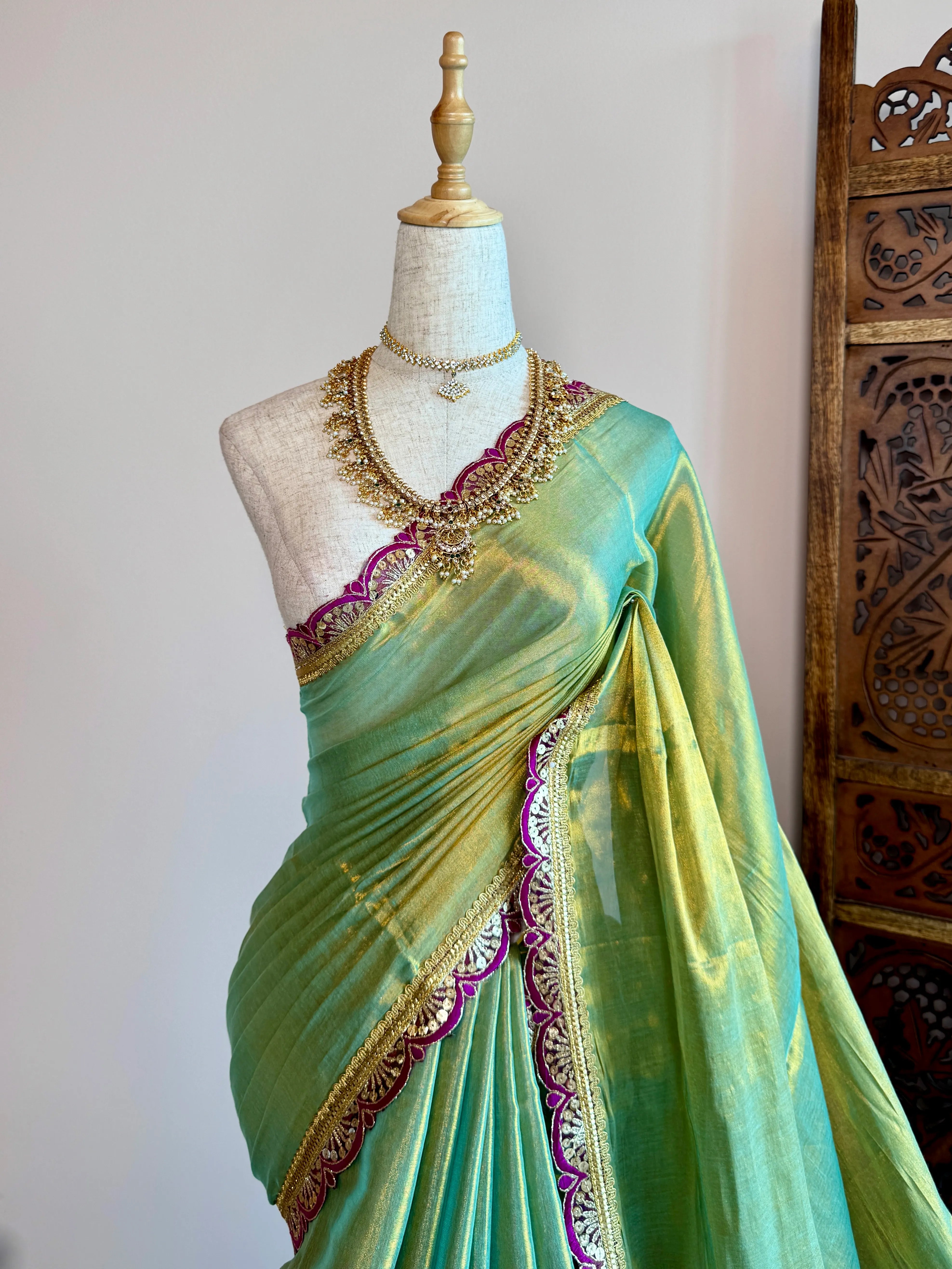 Turquoise-Wine Tissue-Cotton Grand Sequin-Border North-Saree