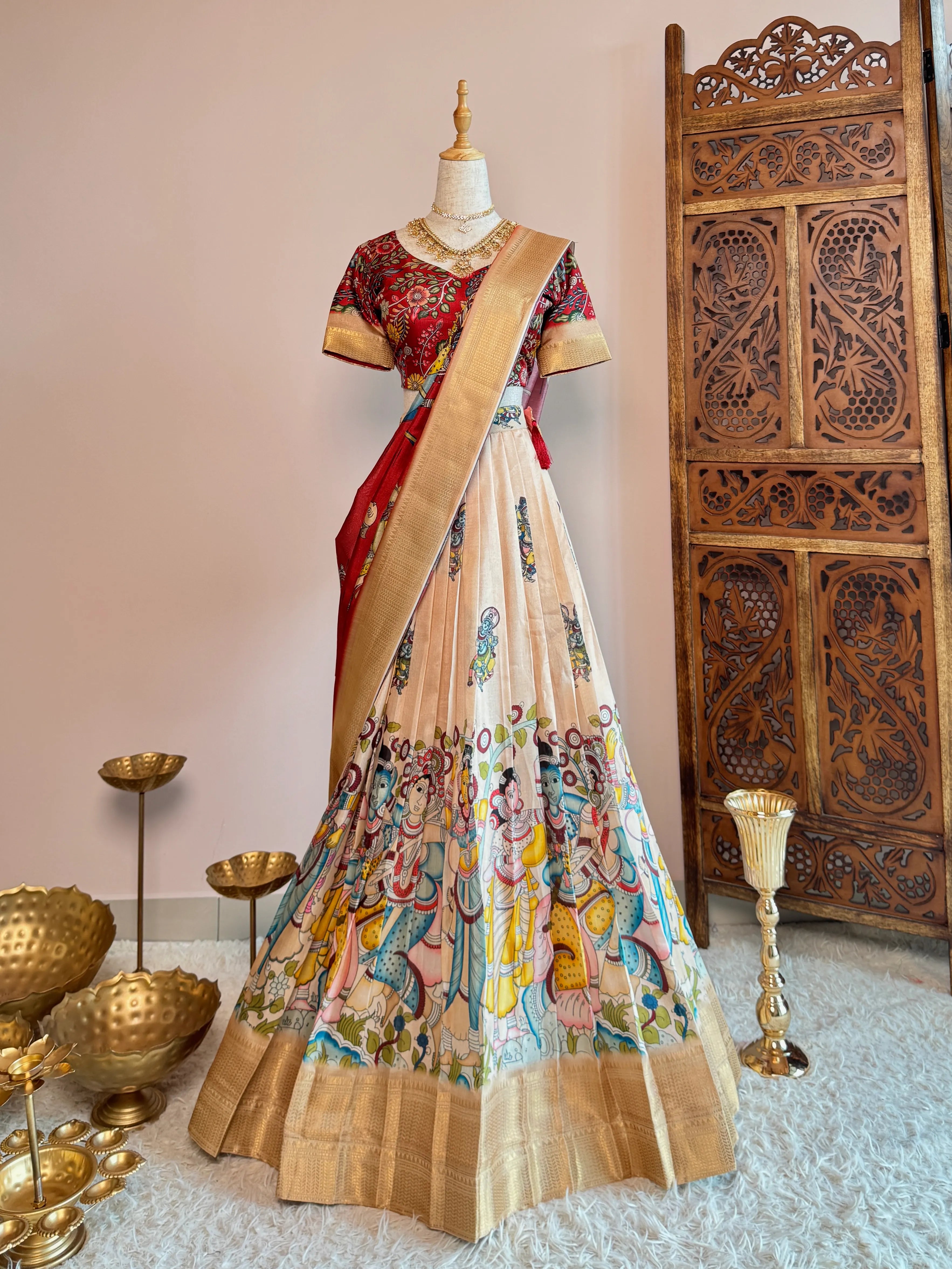 Cream-Maroon Soft-Silk Premium Kalamkari-Box-Pleated Designer Lehenga-Blouse-Dupatta-Set