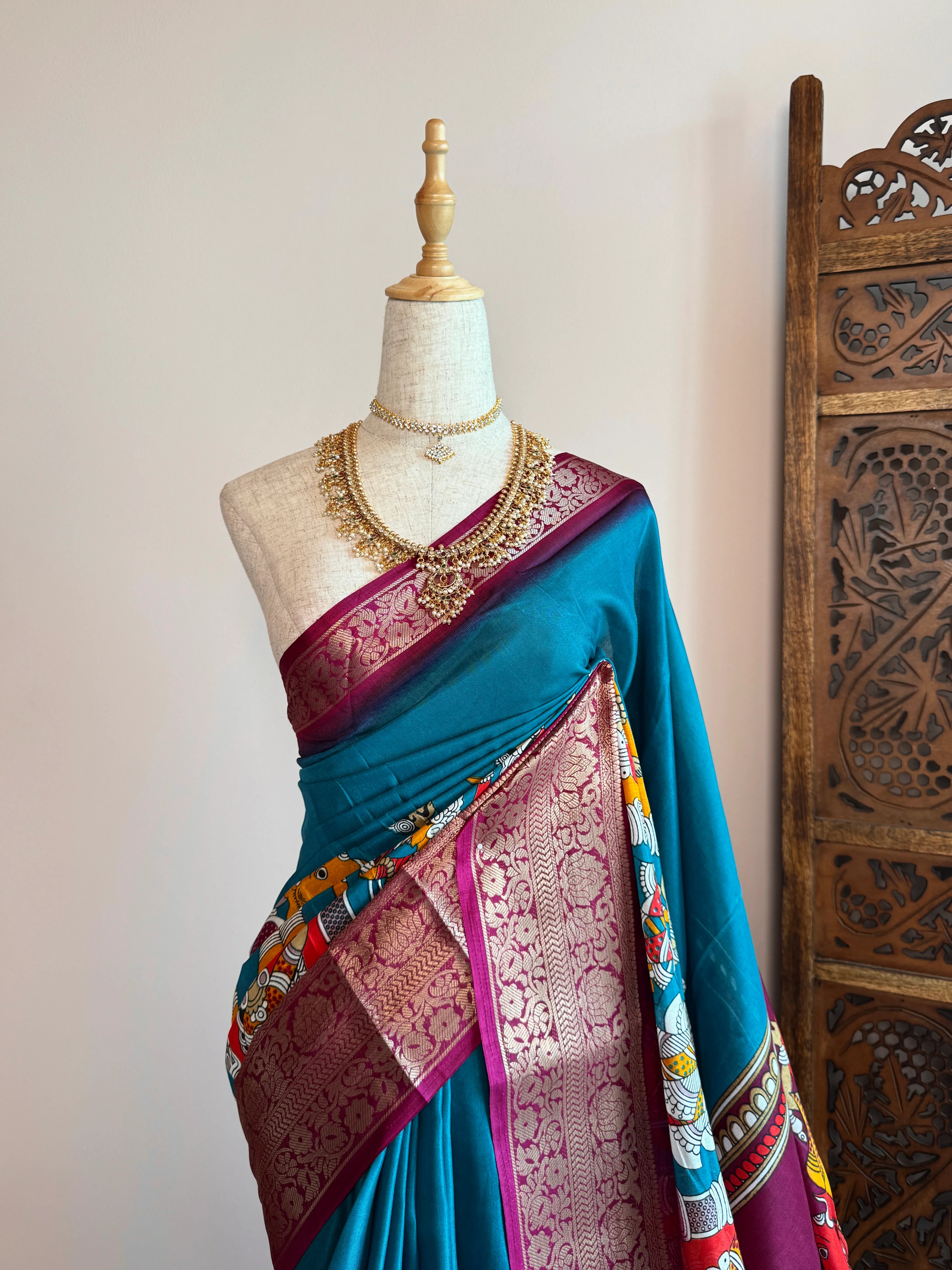 Teal-Purple Premium Soft-Silk Kalamkari-Themed North-Saree