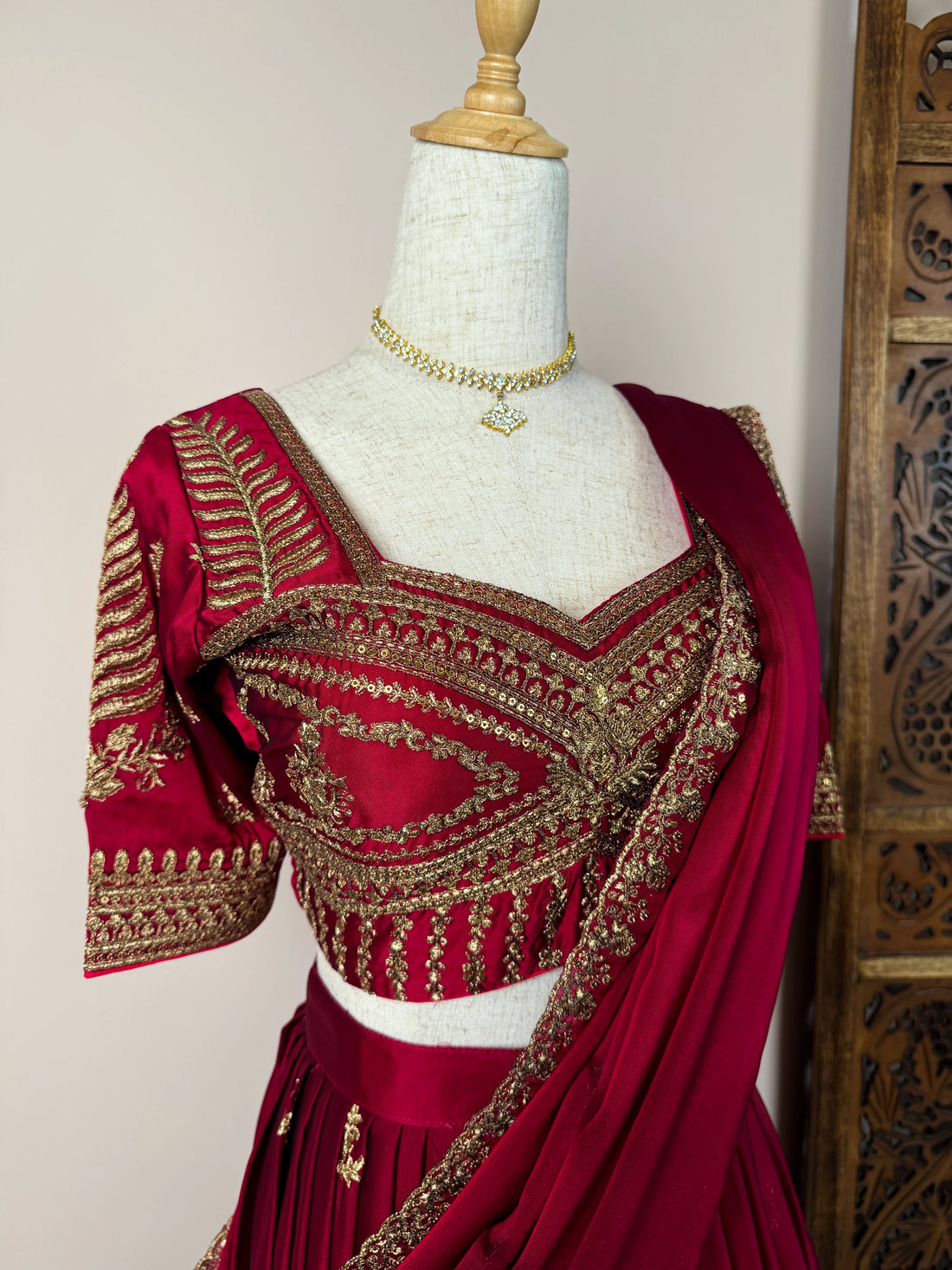 Wine Burgundy Silk Zari Lehenga Set - view 6