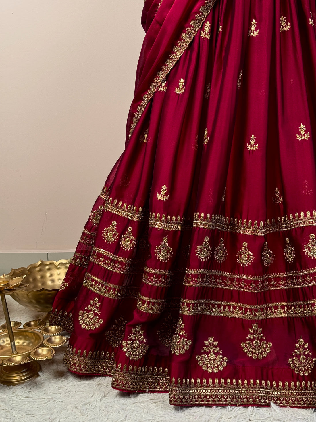 Wine Burgundy Silk Zari Lehenga Set - view 3