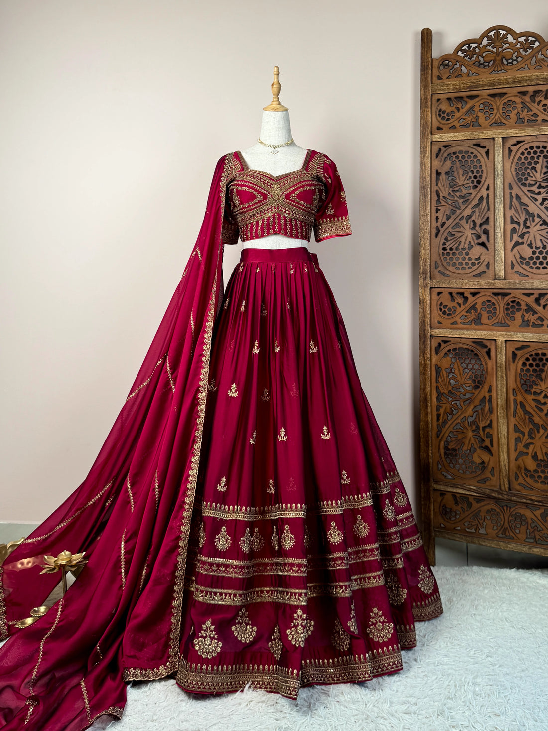 Wine Burgundy Silk Zari Lehenga Set - view 5