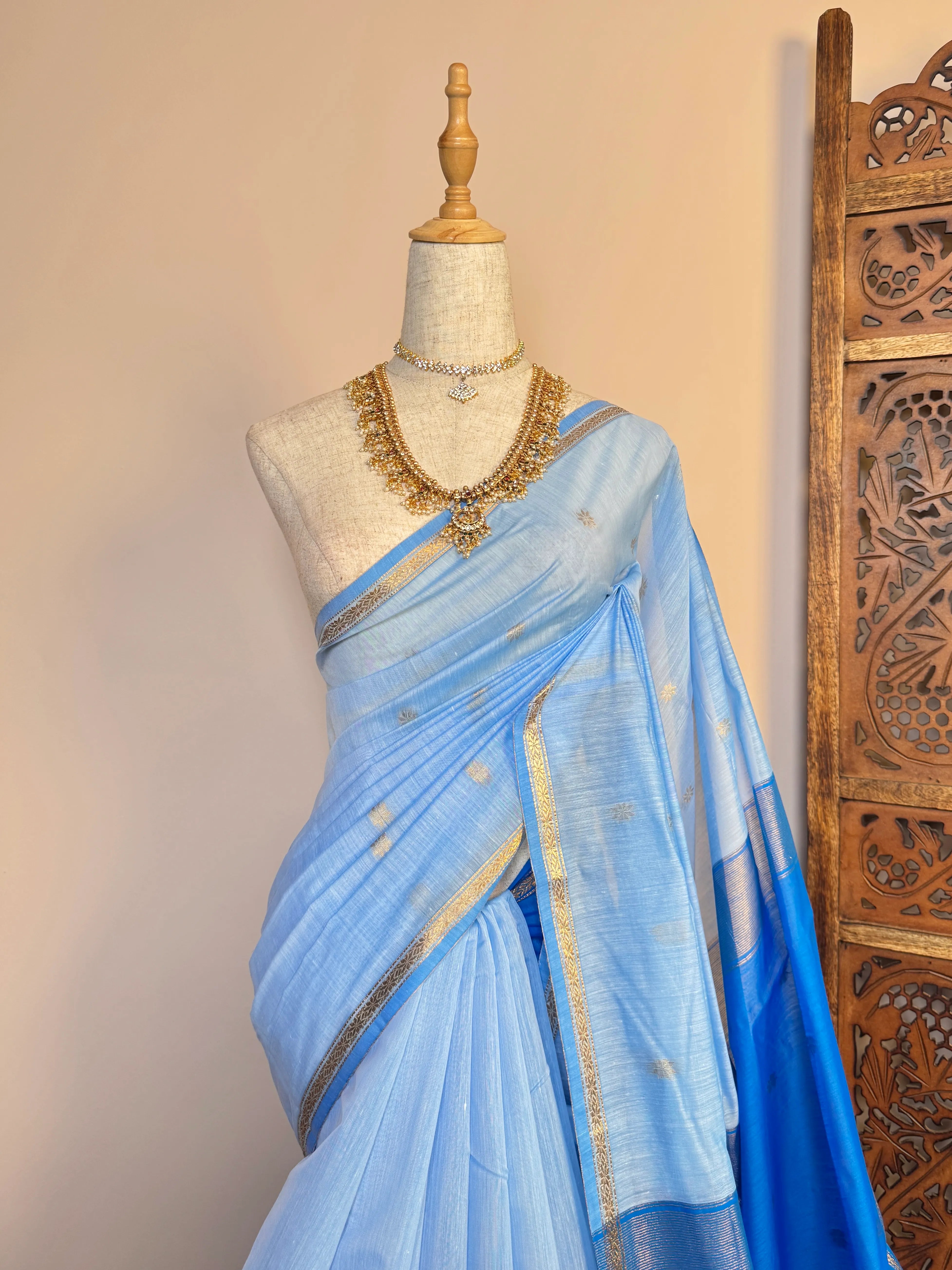 Sky-Blue Silk-Cotton Woven-Butti South-Saree