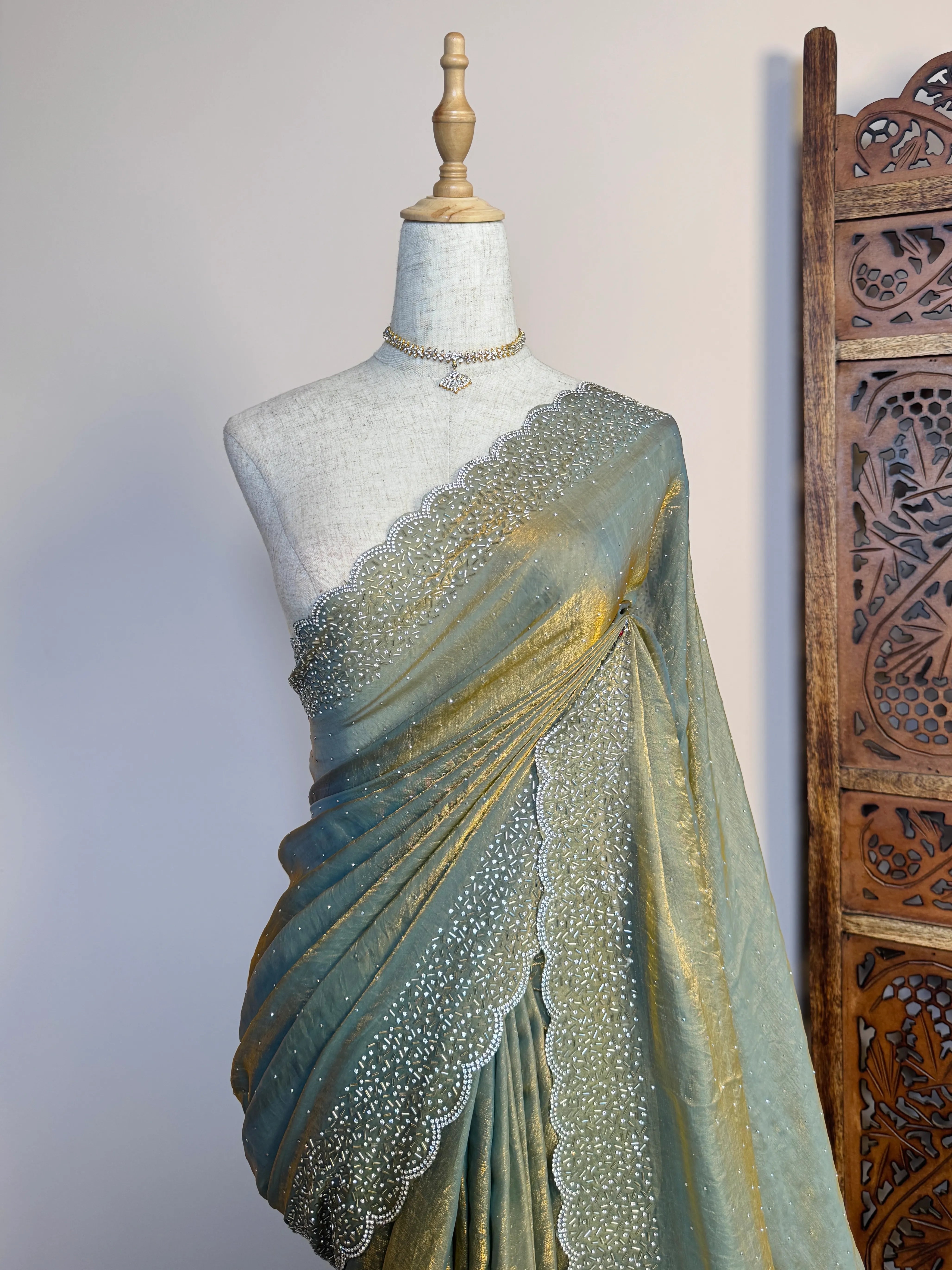 Double-toned Turquoise Silk-Tissue Stonework-Border North-Saree
