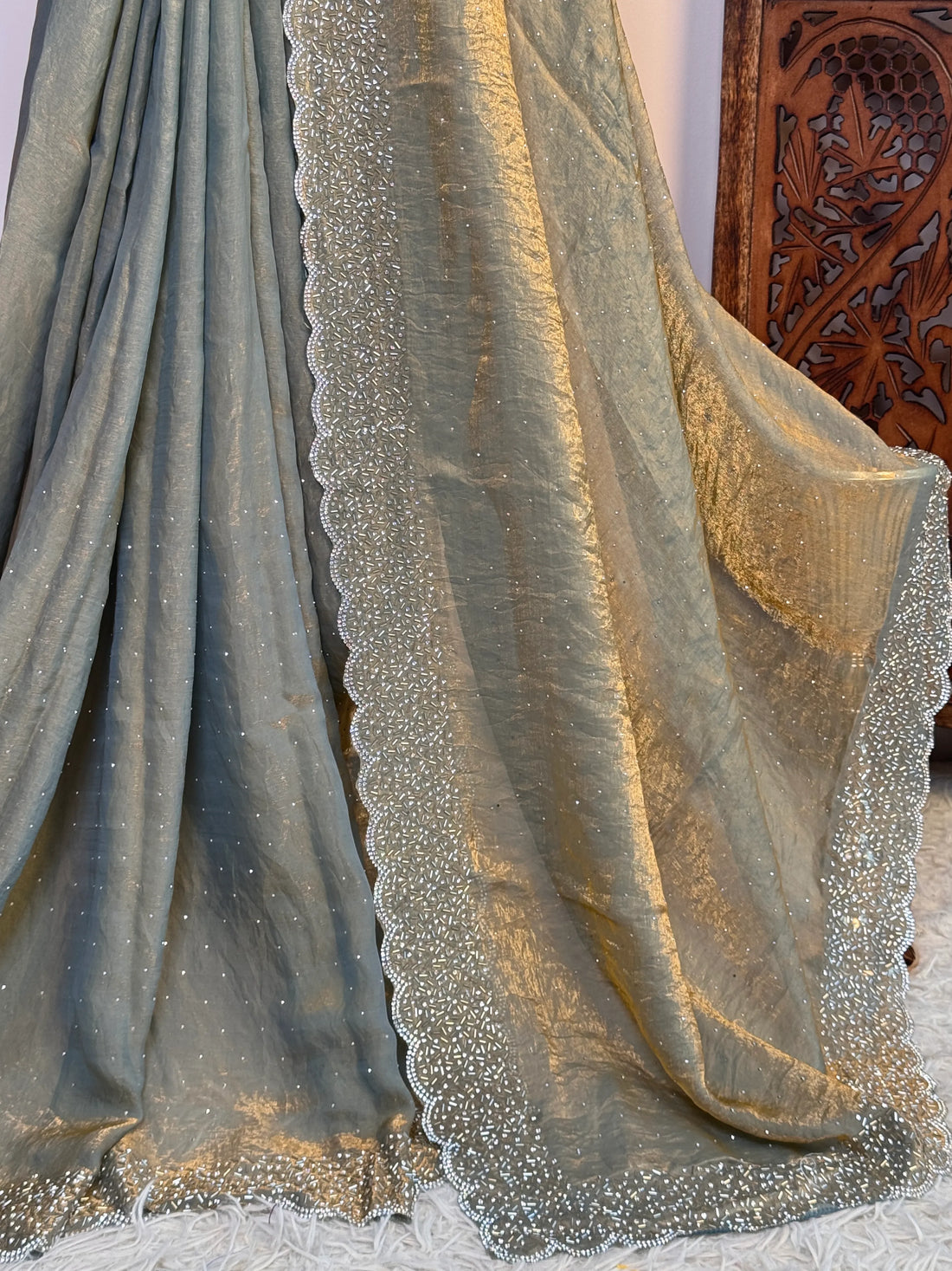 Turquoise Silk Tissue Stonework North Saree - view 4