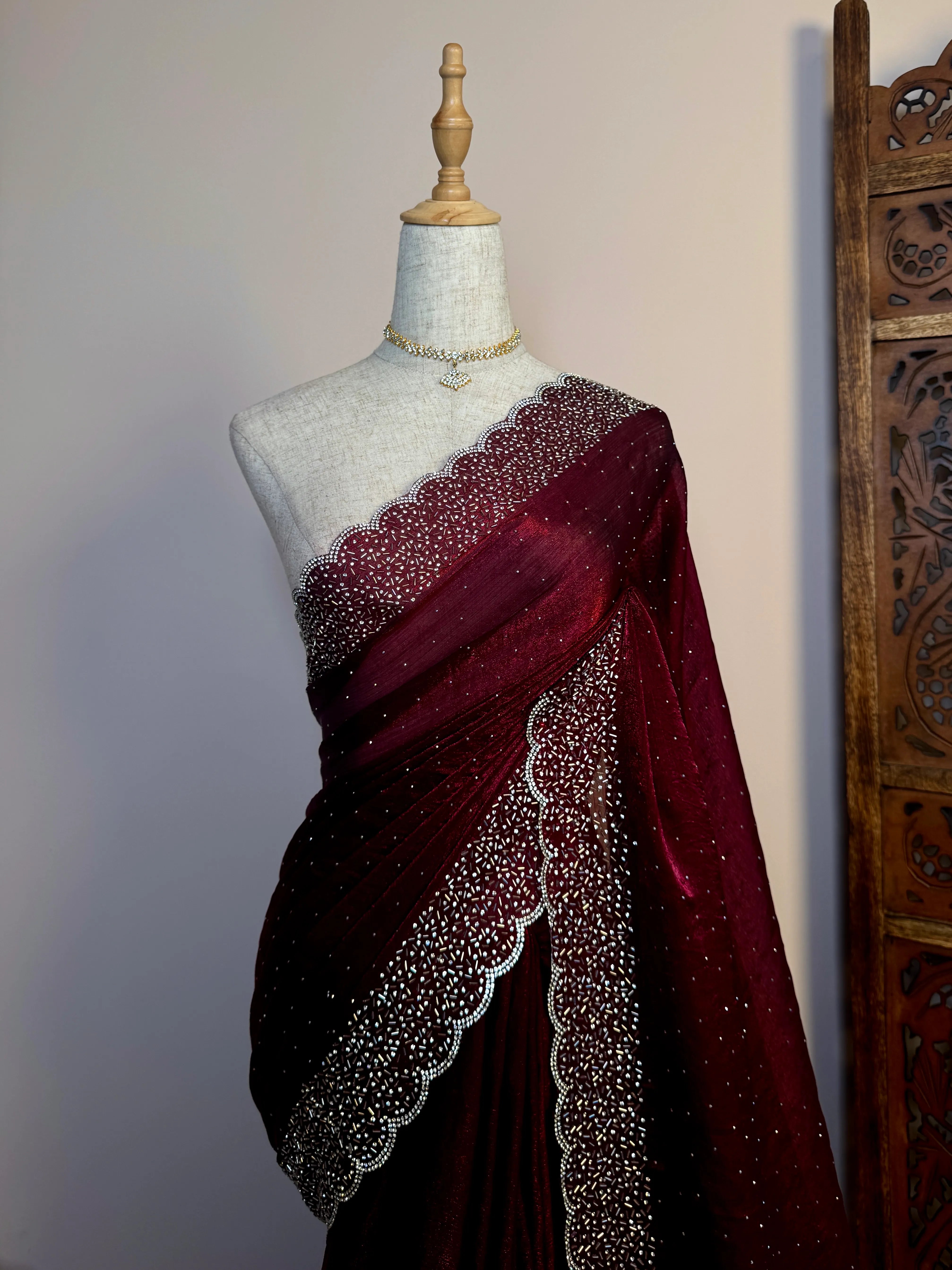 Dark-Wine Silken-Tissue Stonework-Border North-Saree