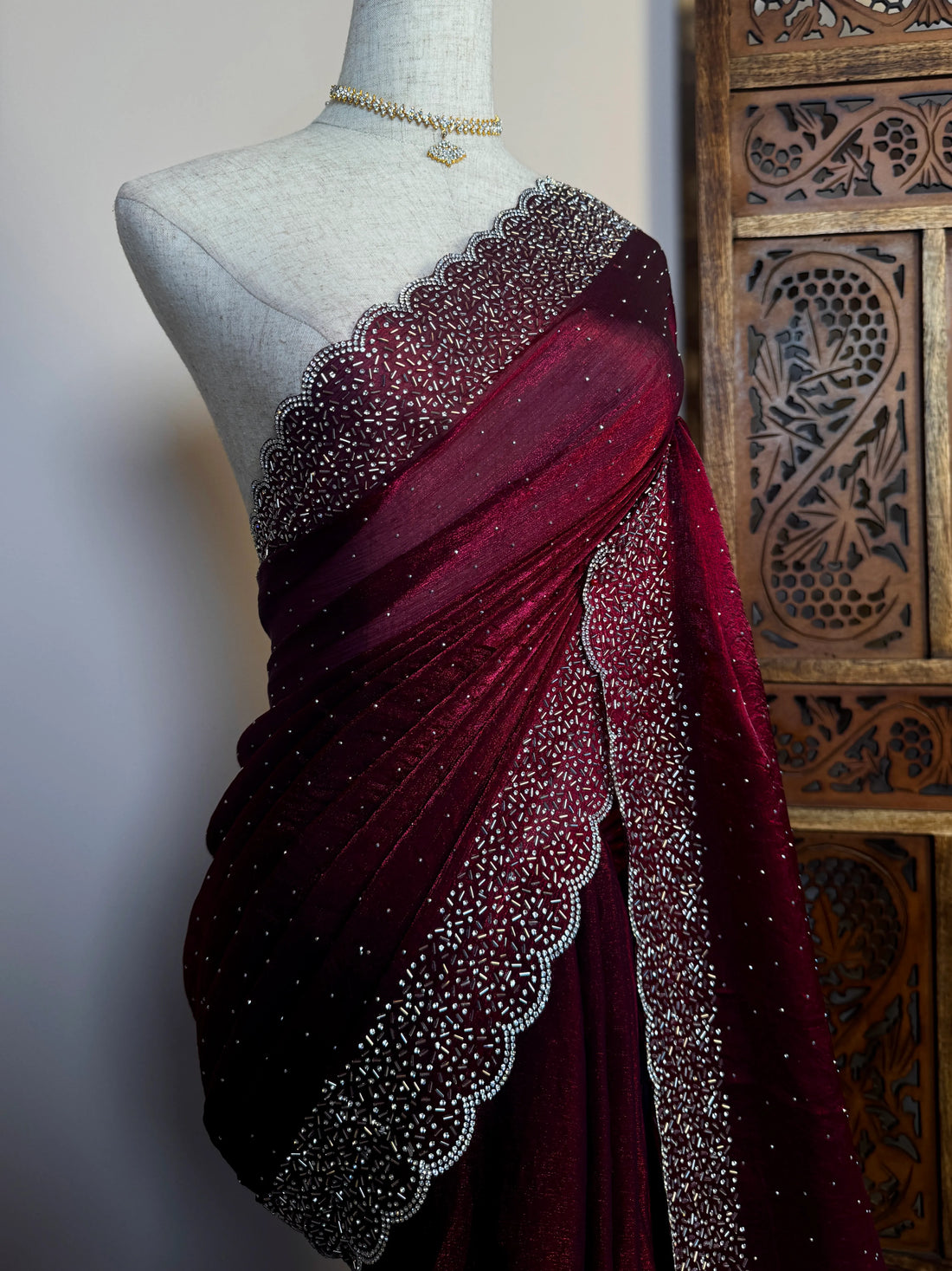 Dark Wine Tissue Stonework North Saree - view 3