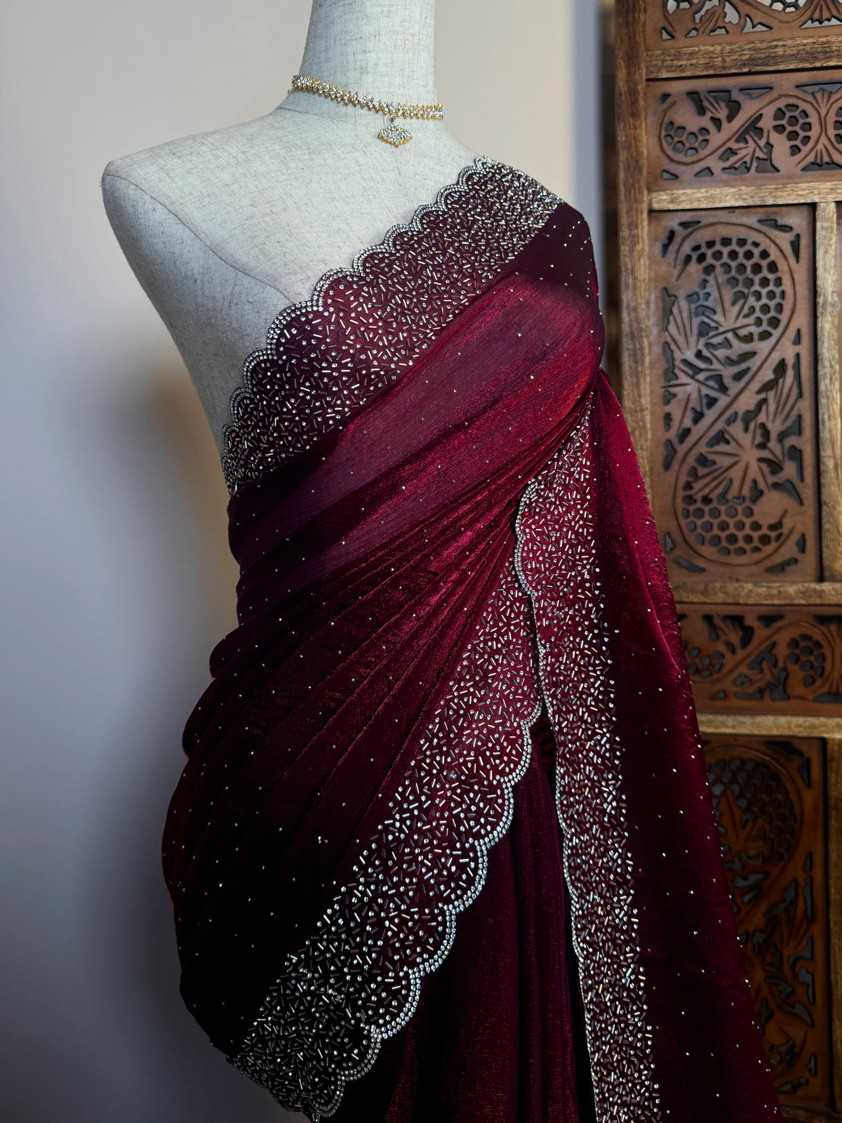 Dark Wine Tissue Stonework North Saree - view 3